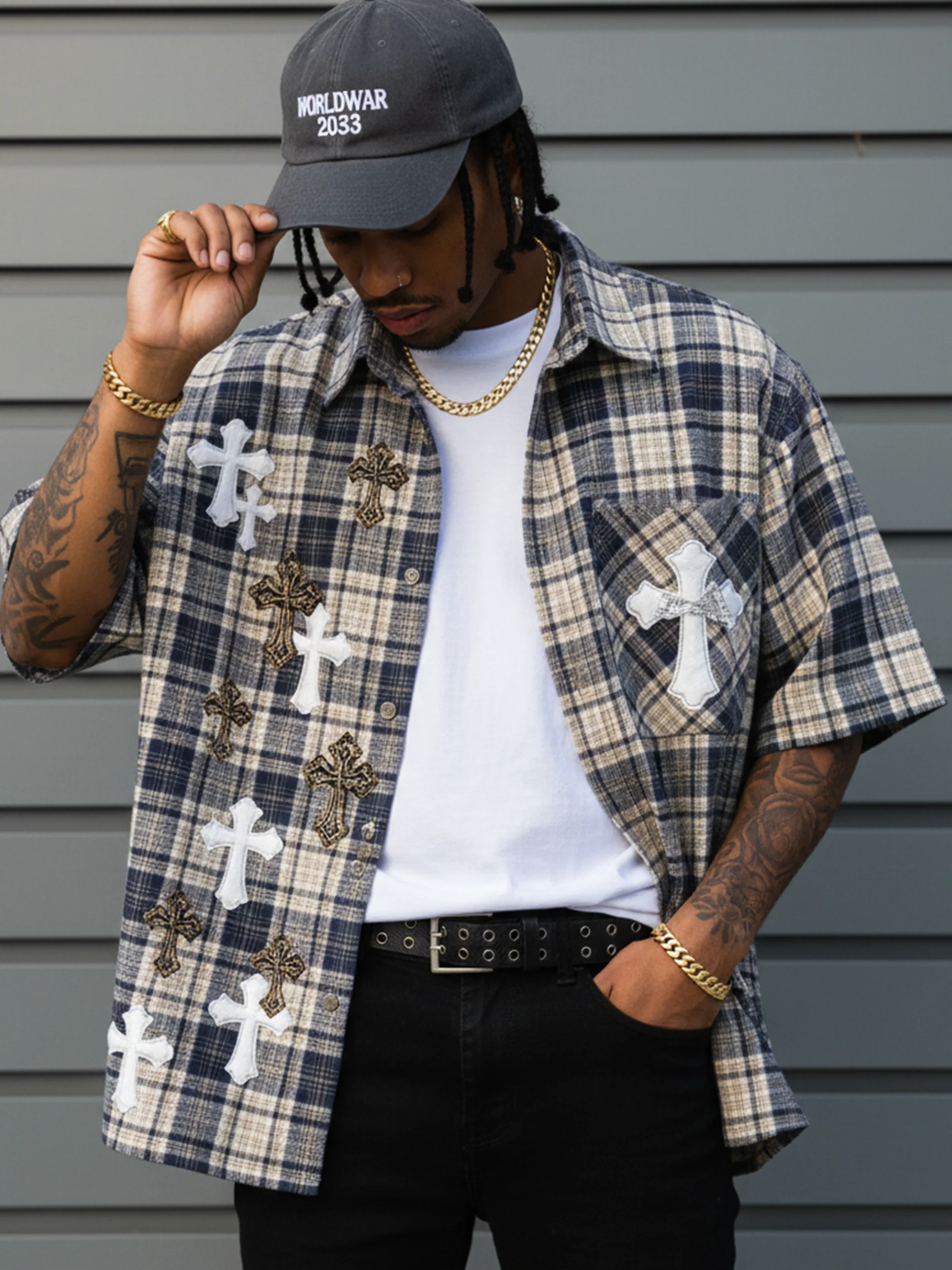NOISSEY LEOPARD ACCENT MULTI-CROSS PATCHWORK RELAXED SHIRT - Image 2