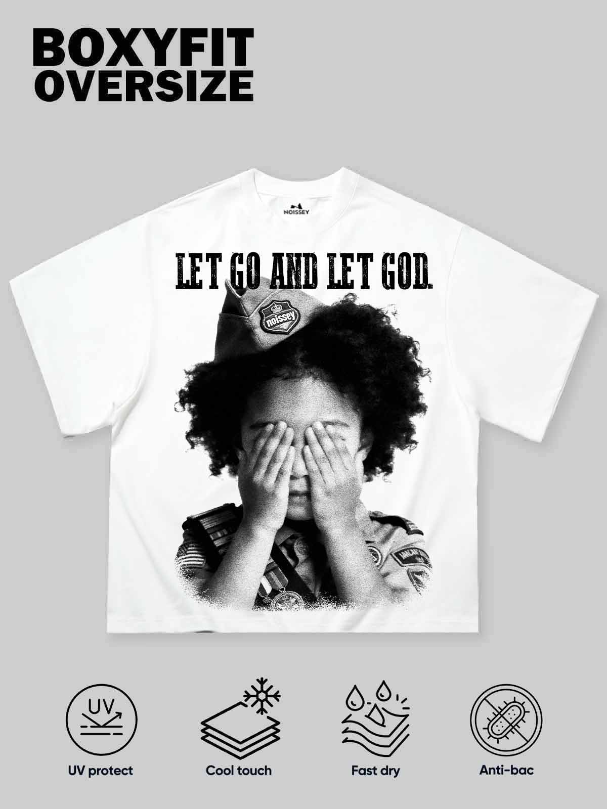 "Let Go and Let God." NOISSEY Boxy Oversized Graphic Tee – Vintage White - Image 2