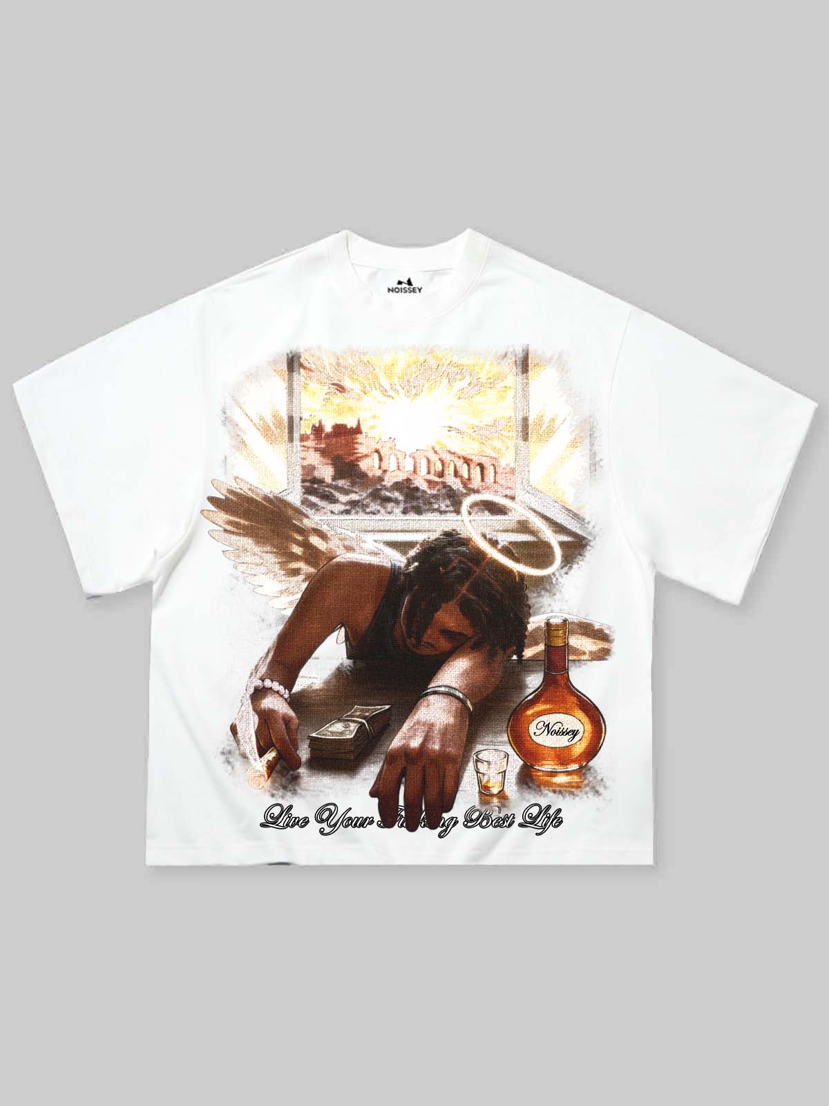 NOISSEY "Live Your Best Life" Dark Angel Art Boxy Heavyweight Tee - Cloud White