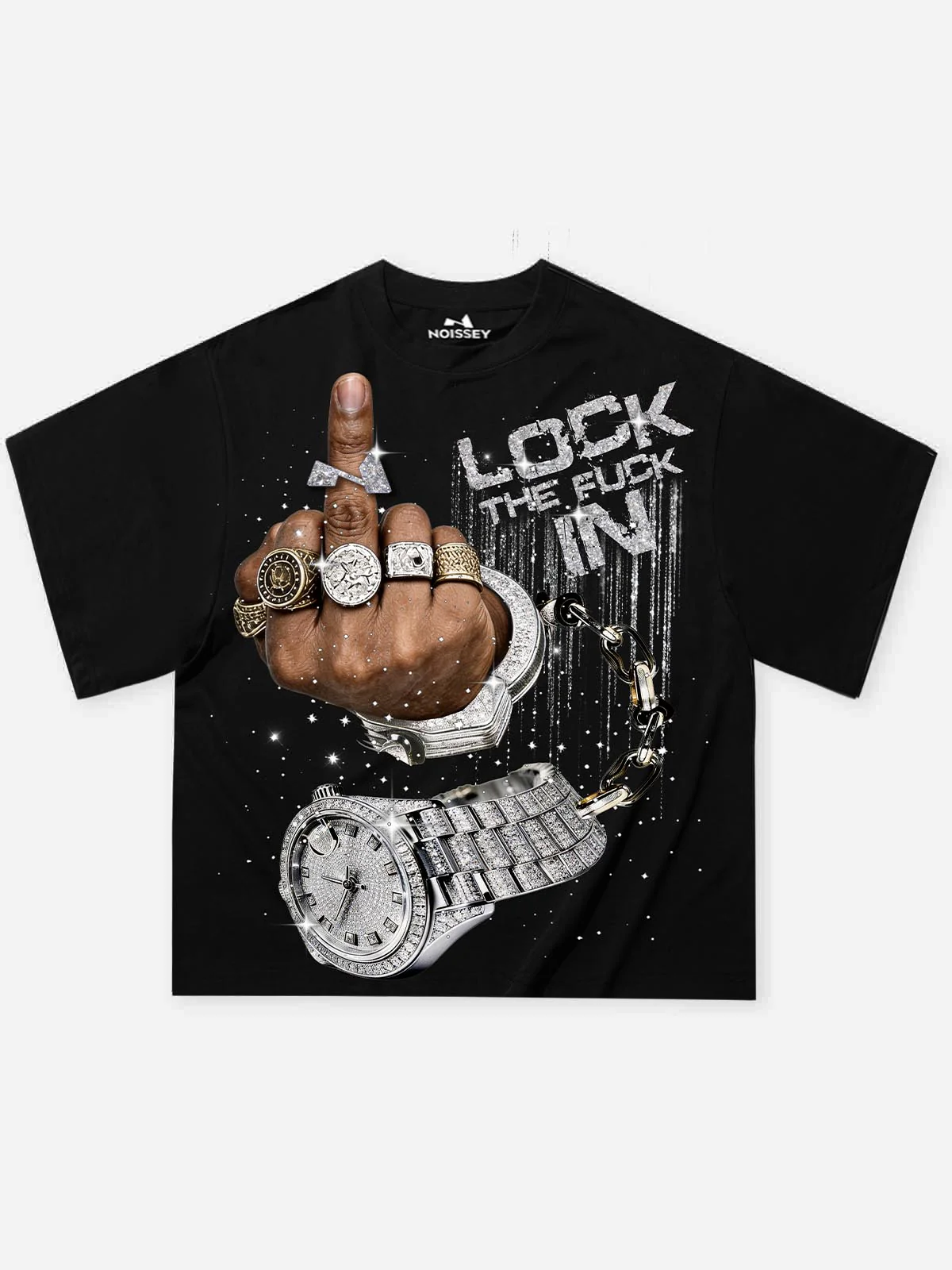 NOISSEY "LOCK THE FUCK IN" ICED OUT LUXURY GRAPHIC OVERSIZED T-SHIRT