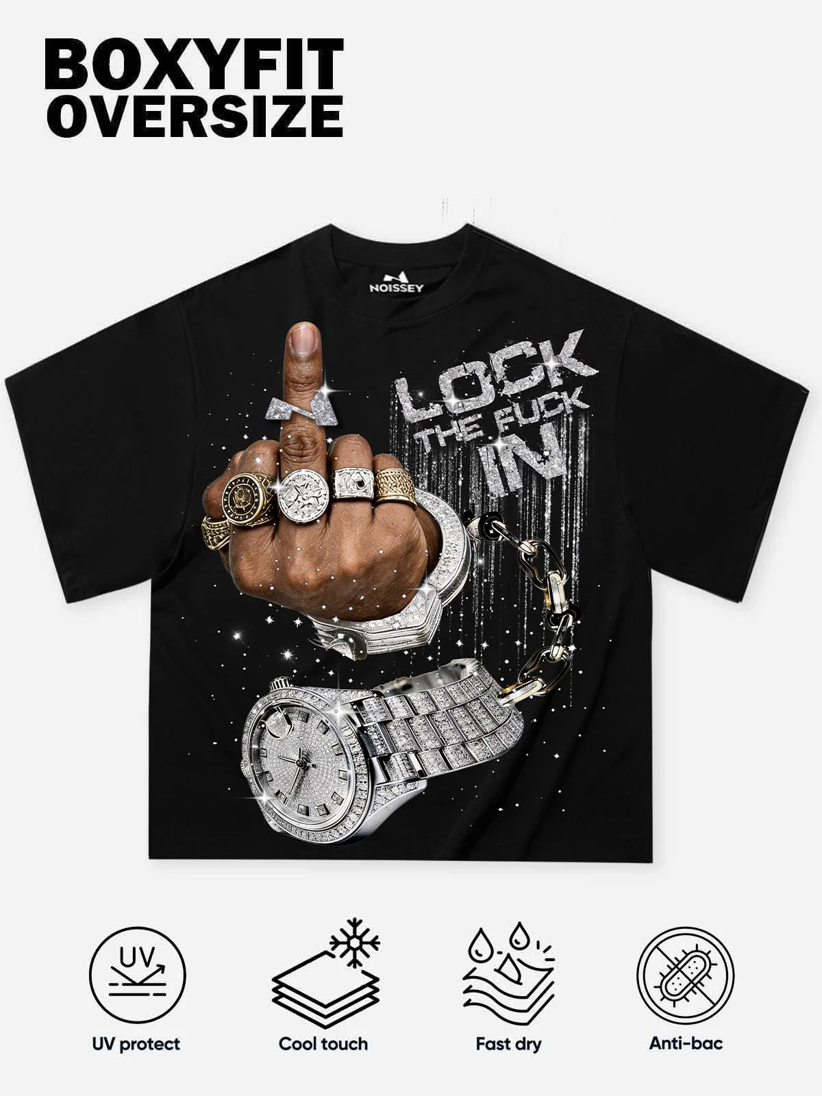 NOISSEY "LOCK THE FUCK IN" ICED OUT LUXURY GRAPHIC OVERSIZED T-SHIRT - Image 2
