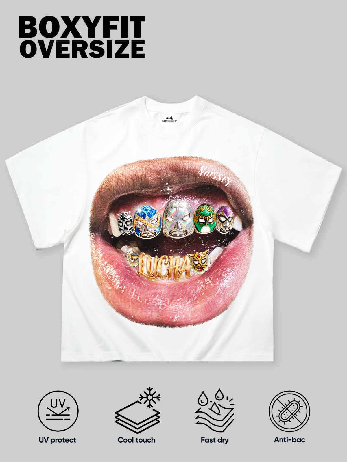 NOISSEY "Lucha Grillz" Wrestling Mask Iced-Out Art Print Oversized T-Shirt - Image 2