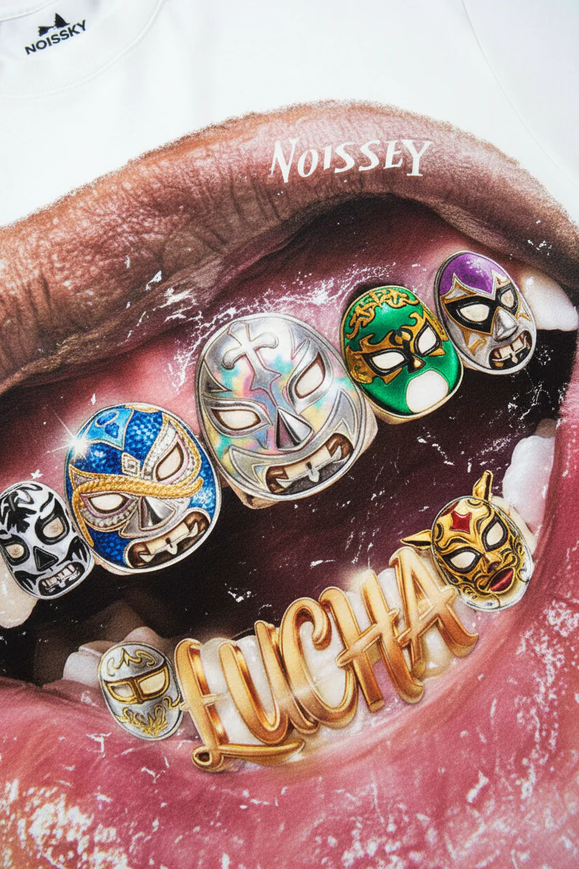 NOISSEY "Lucha Grillz" Wrestling Mask Iced-Out Art Print Oversized T-Shirt - Image 4