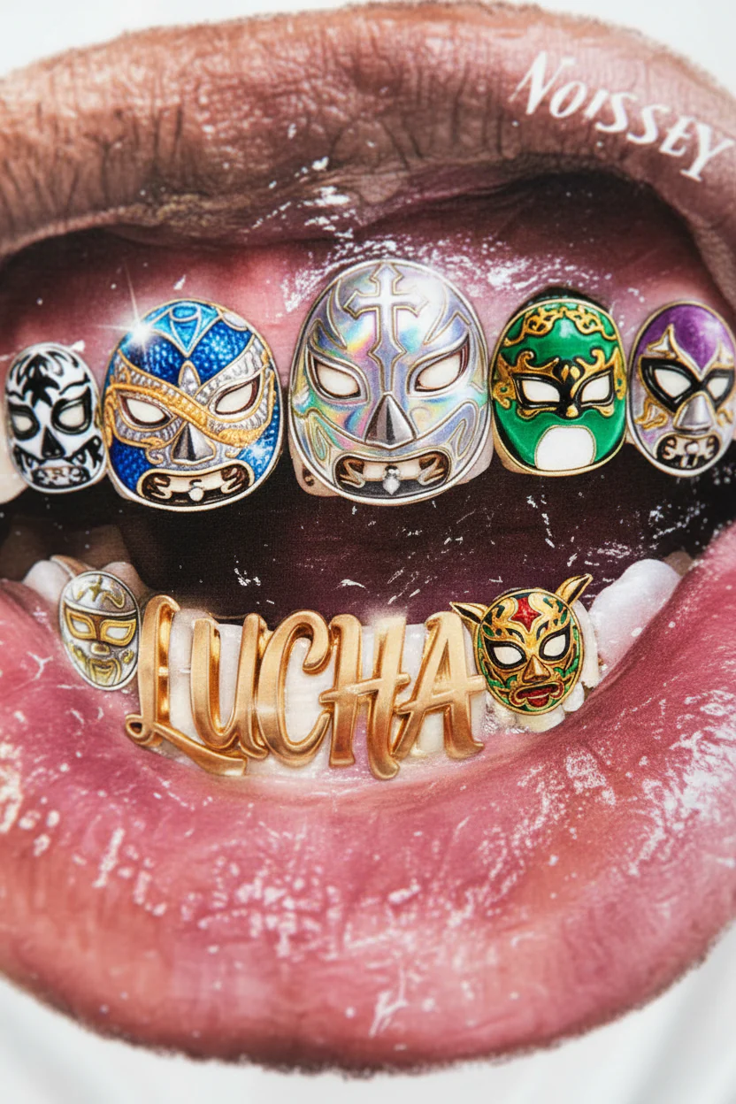 NOISSEY "Lucha Grillz" Wrestling Mask Iced-Out Art Print Oversized T-Shirt - Image 6