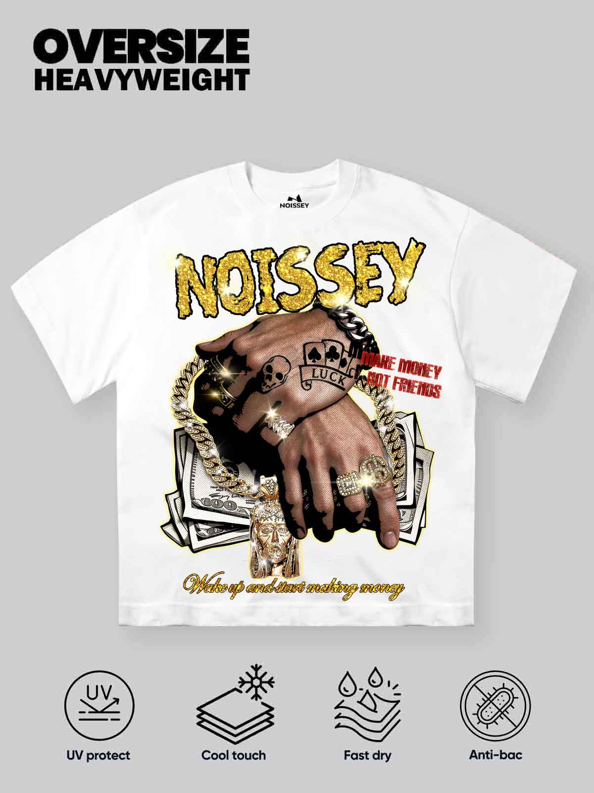 NOISSEY "Make Money Not Friends" Money Hands Gold Diamond Art Graphic Heavyweight T-Shirt - Image 2