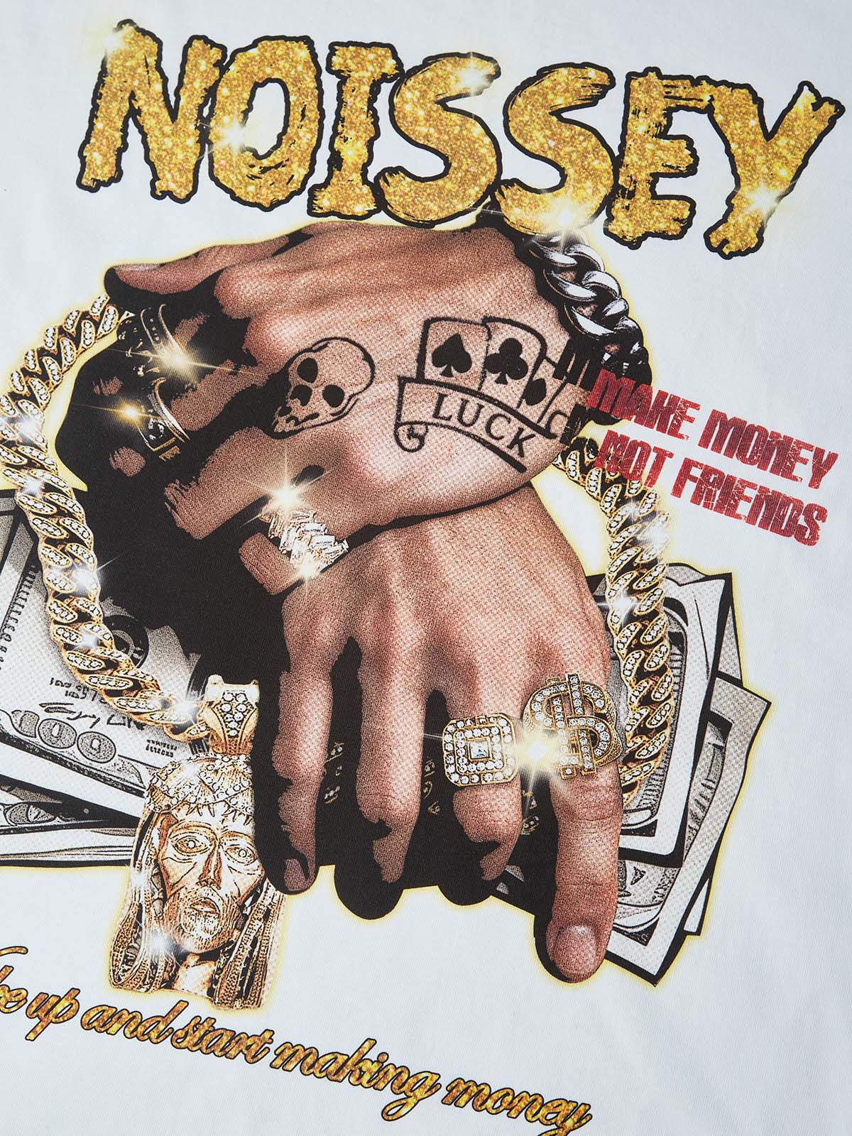 NOISSEY "Make Money Not Friends" Money Hands Gold Diamond Art Graphic Heavyweight T-Shirt - Image 3