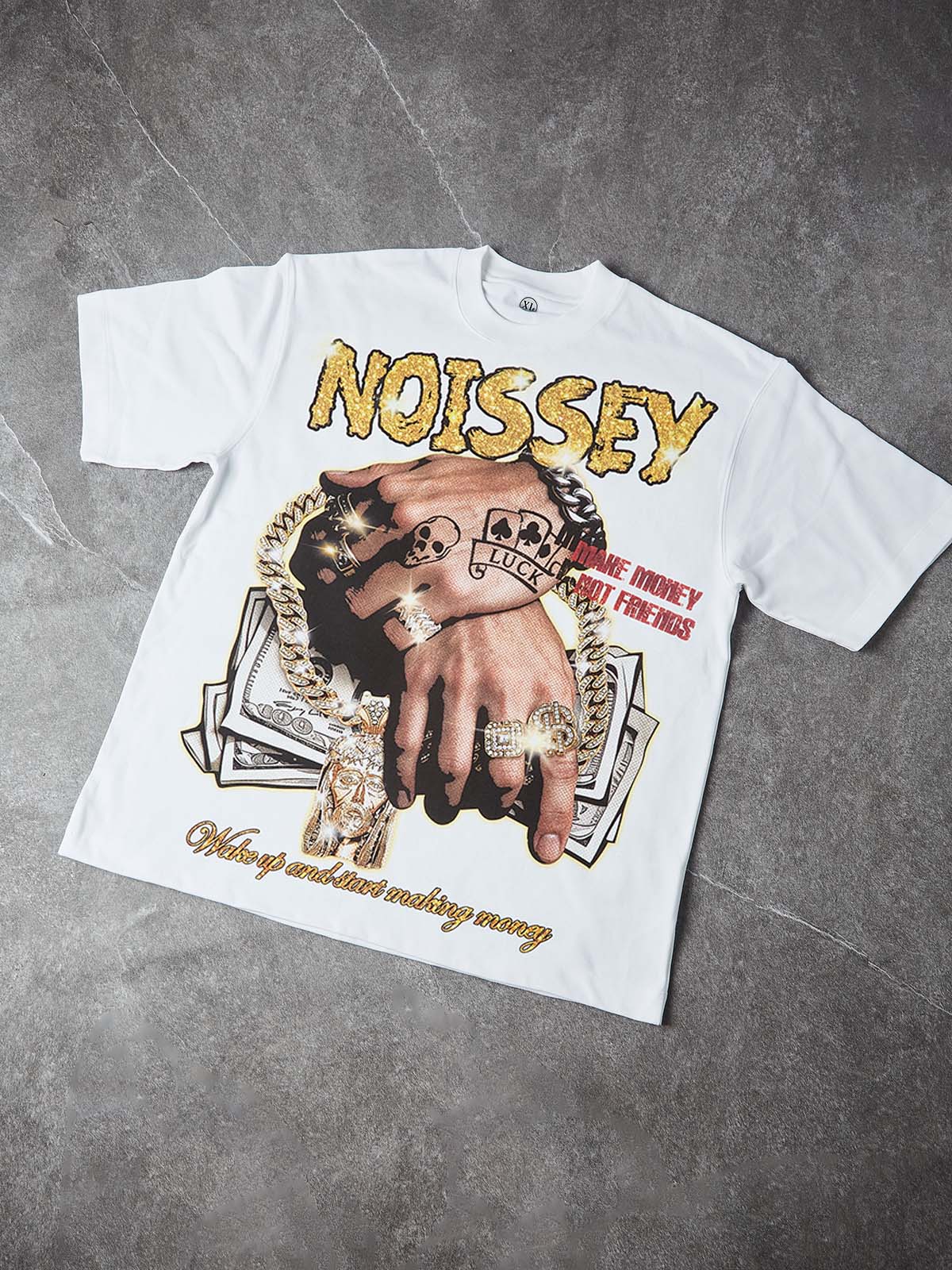 NOISSEY "Make Money Not Friends" Money Hands Gold Diamond Art Graphic Heavyweight T-Shirt - Image 6