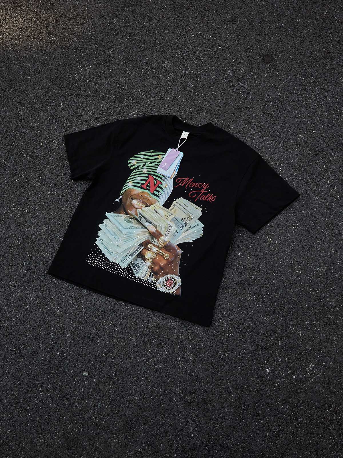 NOISSEY "Money Talks" Glitter Diamond Art T-Shirt - Black - Image 6