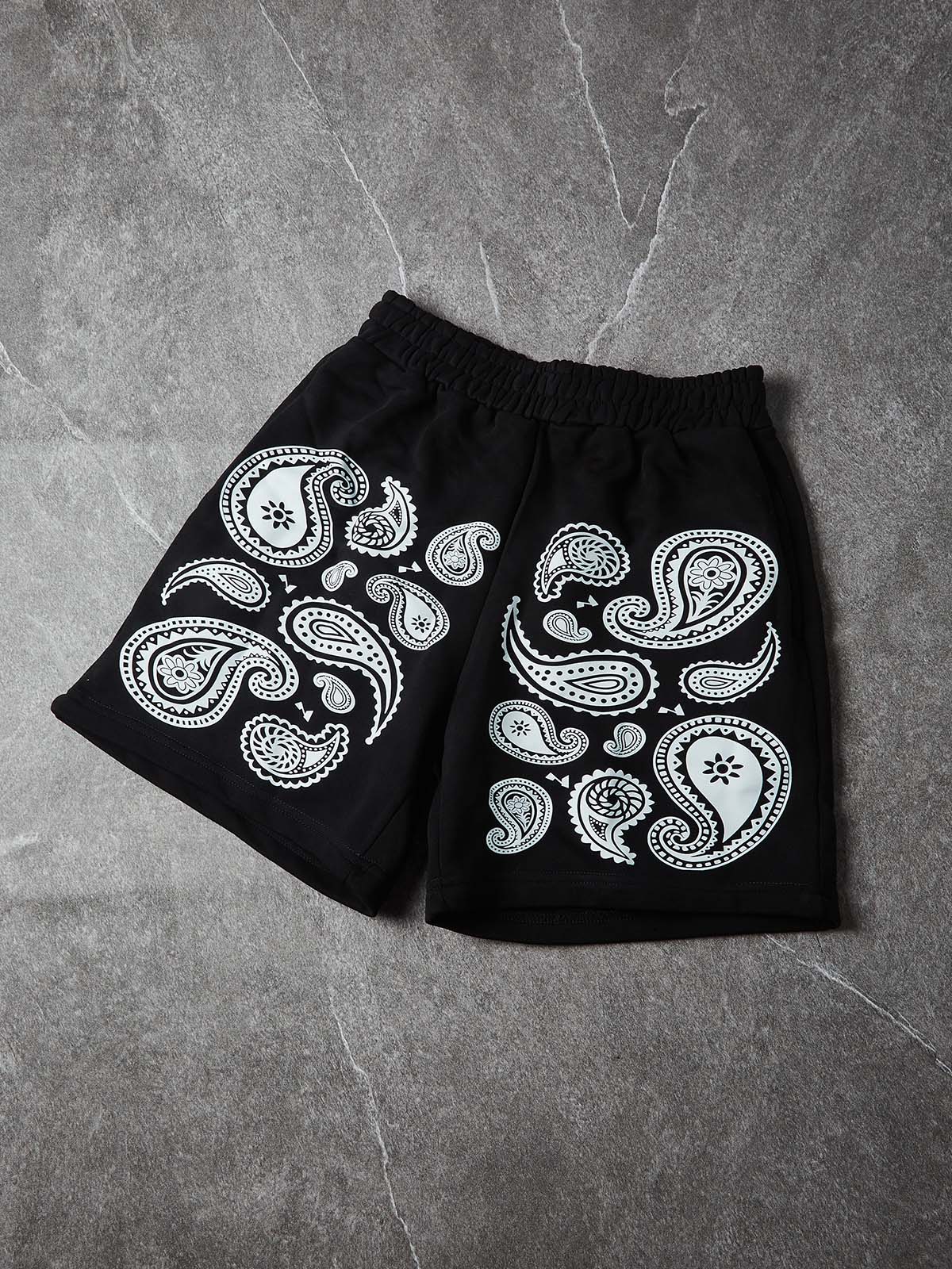 NOISSEY "Monochrome Bandana" Paisley Graphic Heavyweight Wide-Leg Sweat Shorts - Image 2