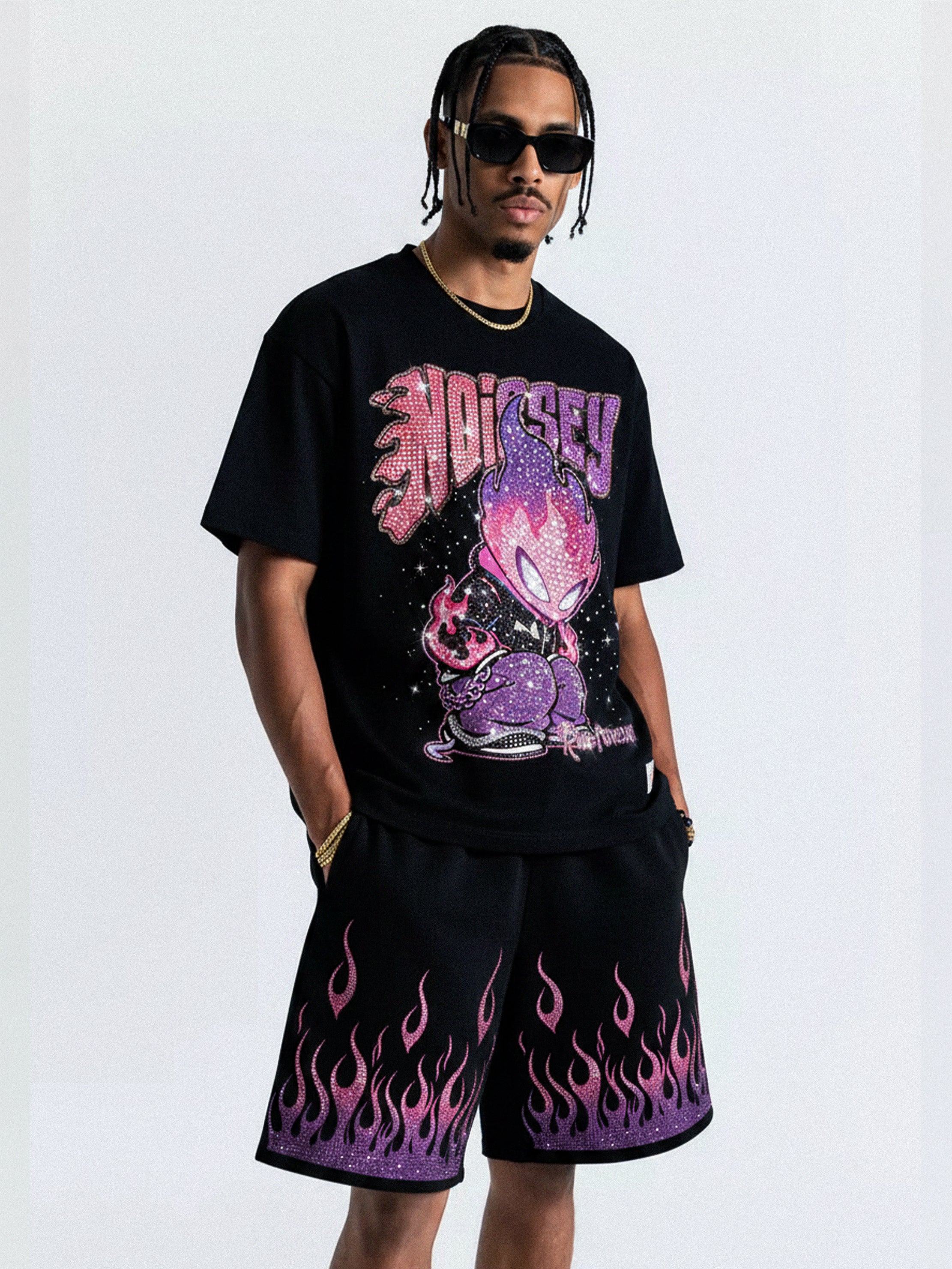 NOISSEY "Neon Embers" Gradient Diamond Flame Oversized Shorts - Onyx Black - Image 4