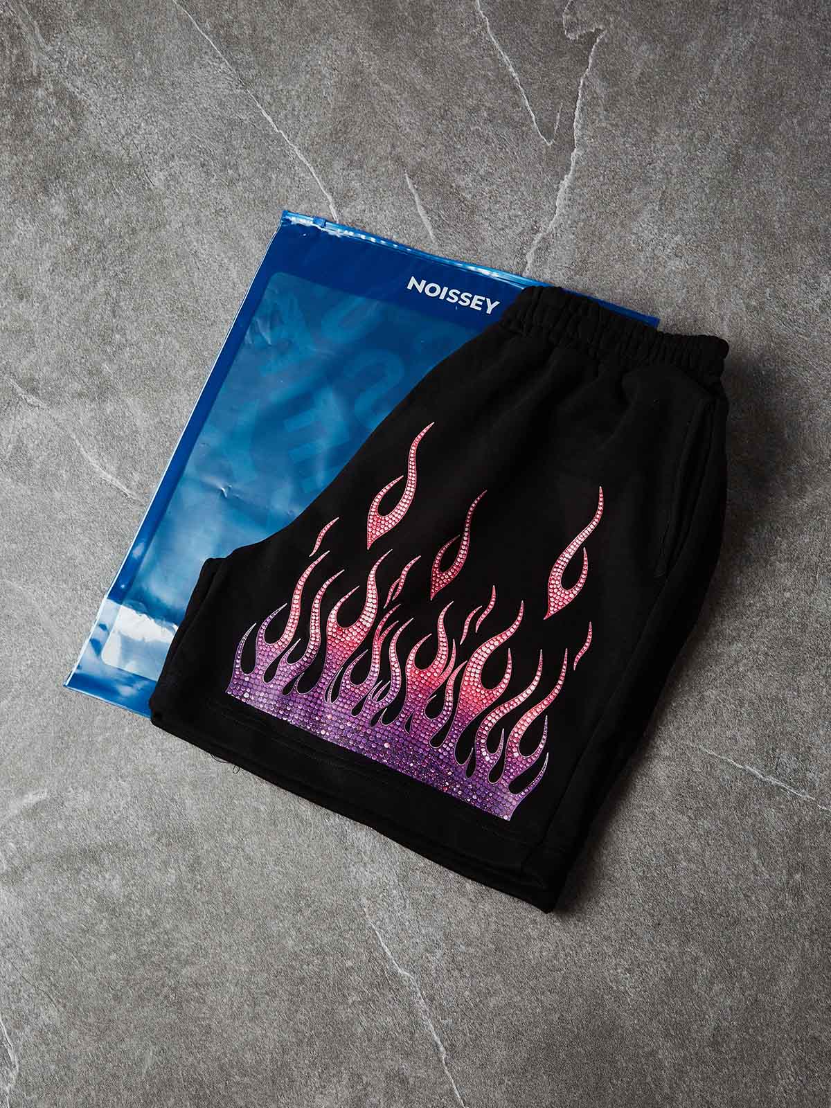 NOISSEY "Neon Embers" Gradient Diamond Flame Oversized Shorts - Onyx Black - Image 9