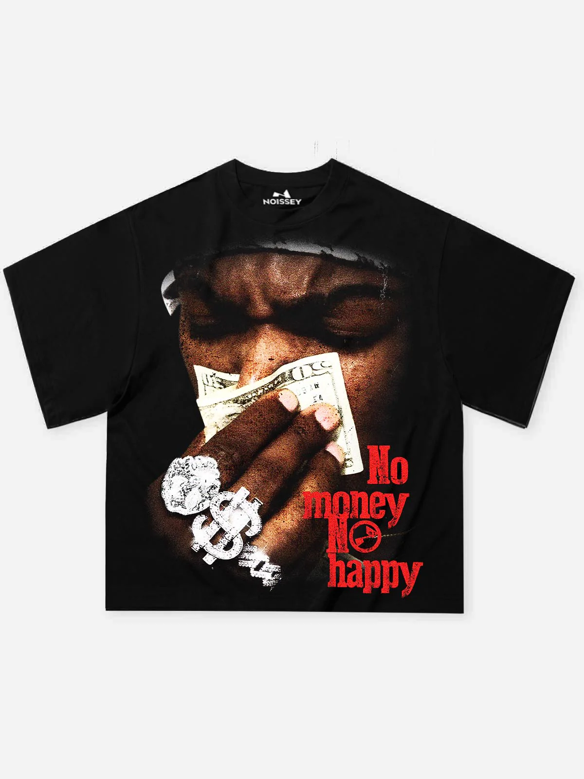 NOISSEY "No Money No Happy" Vintage Rap Portrait Graphic T-Shirt - Onyx Black