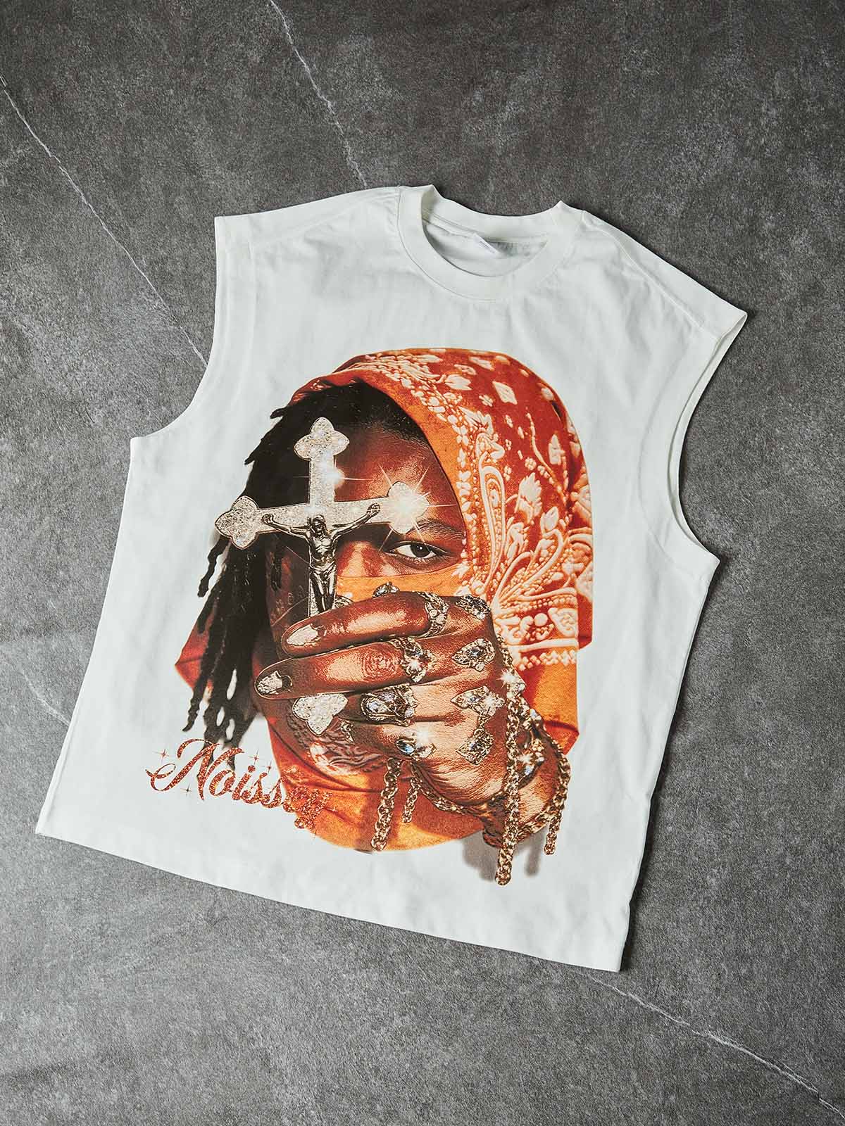 NOISSEY ORANGE BANDANA - ICED OUT CRUCIFIX ART TANK TOP - Image 3