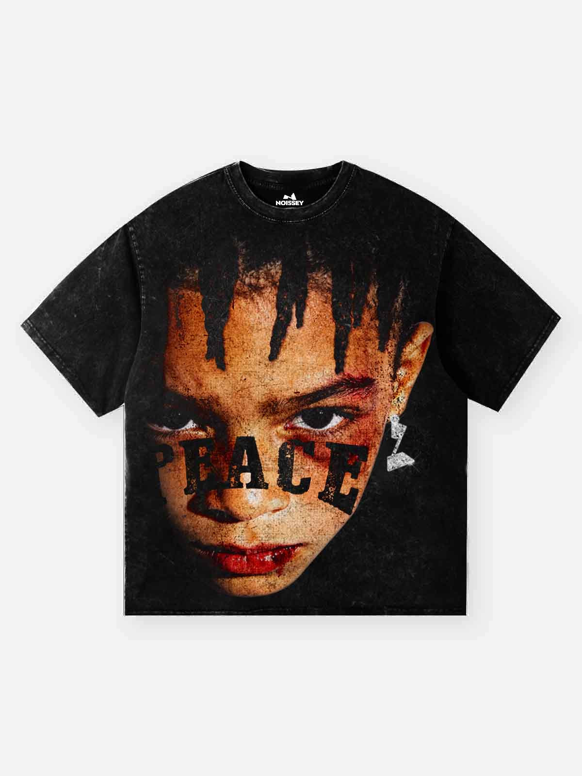 NOISSEY PEACE Braided Portrait Vintage Distressed Art Print T-Shirt - Washed Onyx
