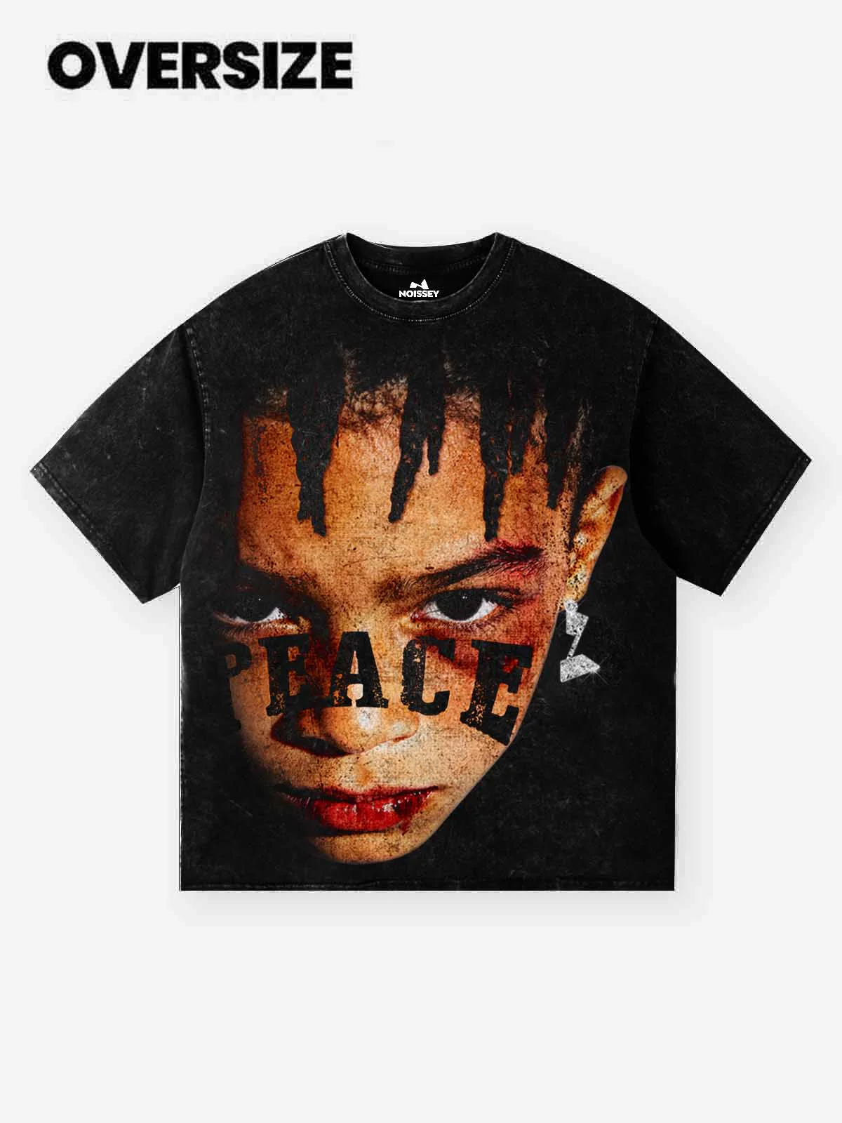 NOISSEY PEACE Braided Portrait Vintage Distressed Art Print T-Shirt - Washed Onyx - Image 2