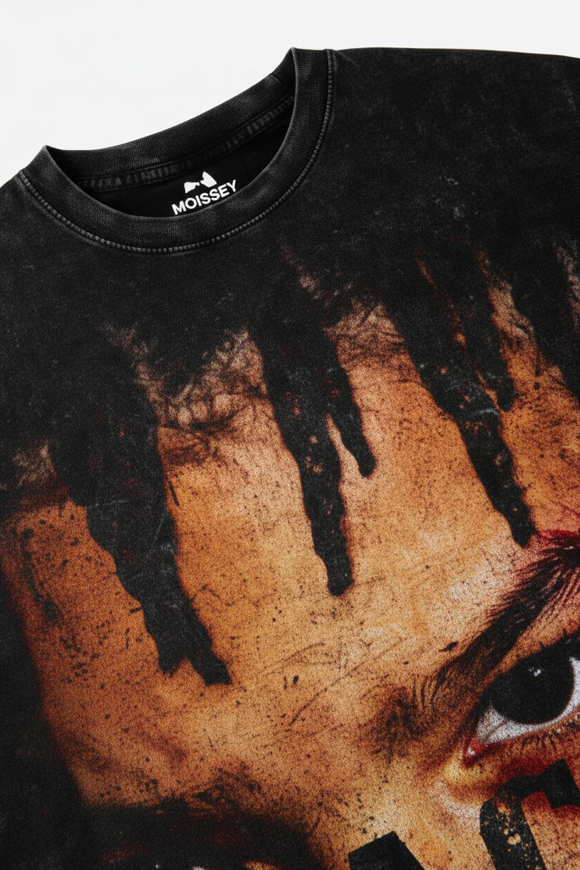 NOISSEY PEACE Braided Portrait Vintage Distressed Art Print T-Shirt - Washed Onyx - Image 5