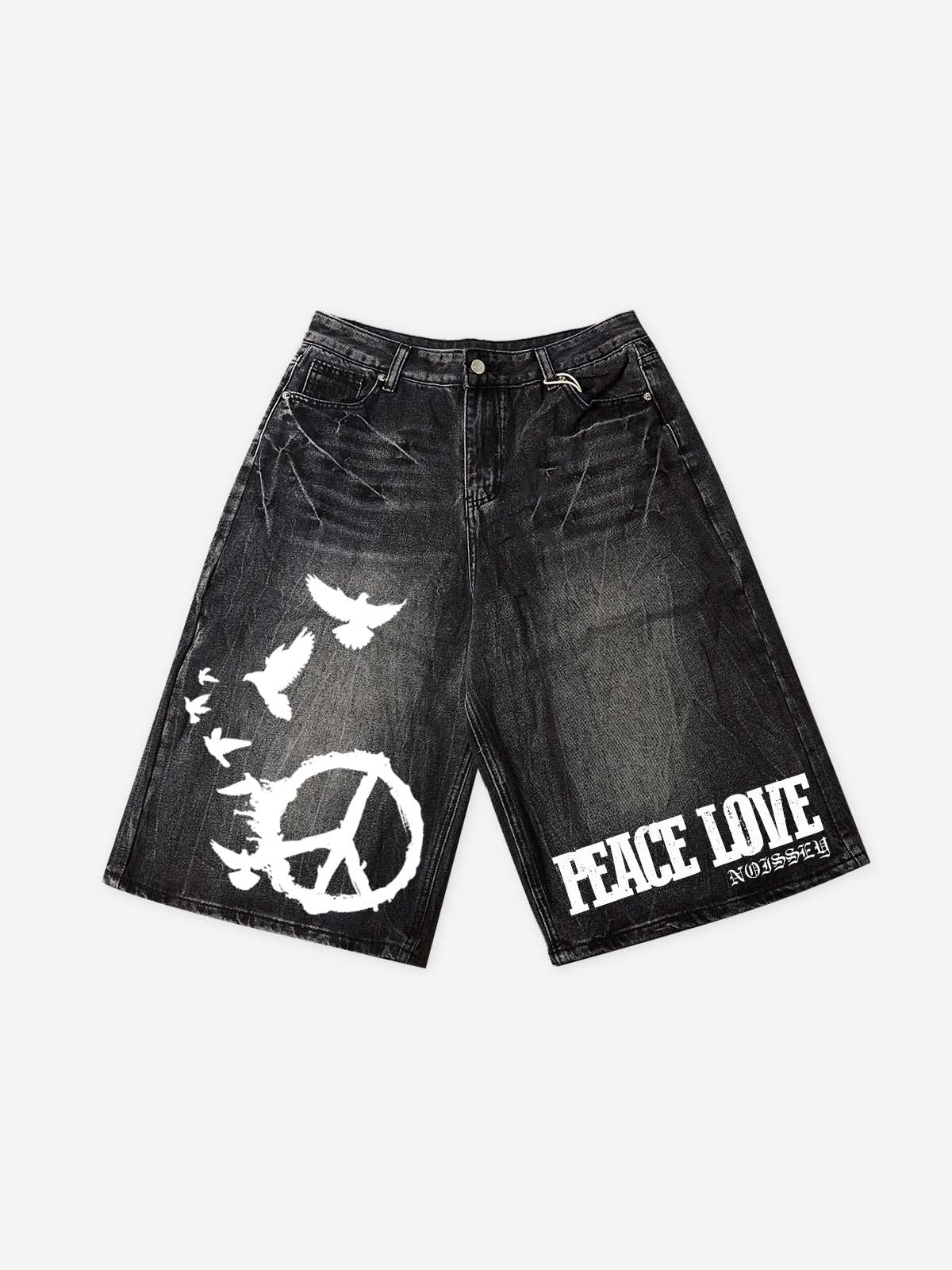 NOISSEY "PEACE & LOVE" Dove Anti-War Graphic Distressed Denim Shorts