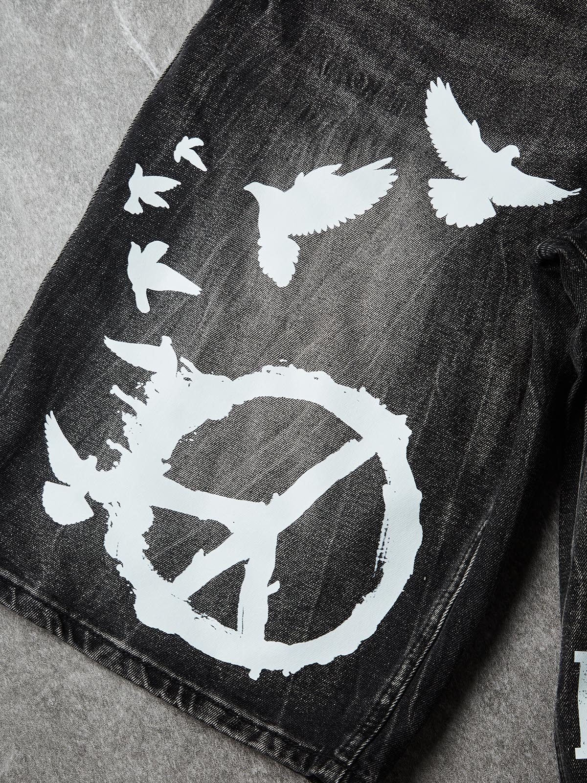 NOISSEY "PEACE & LOVE" Dove Anti-War Graphic Distressed Denim Shorts - Image 4