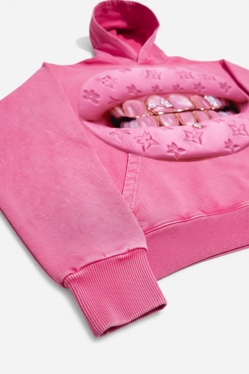 NOISSEY PINK "CAT'S EYE" ICED OUT GRILLS PREMIUM STREETWEAR HOODIE - Image 3