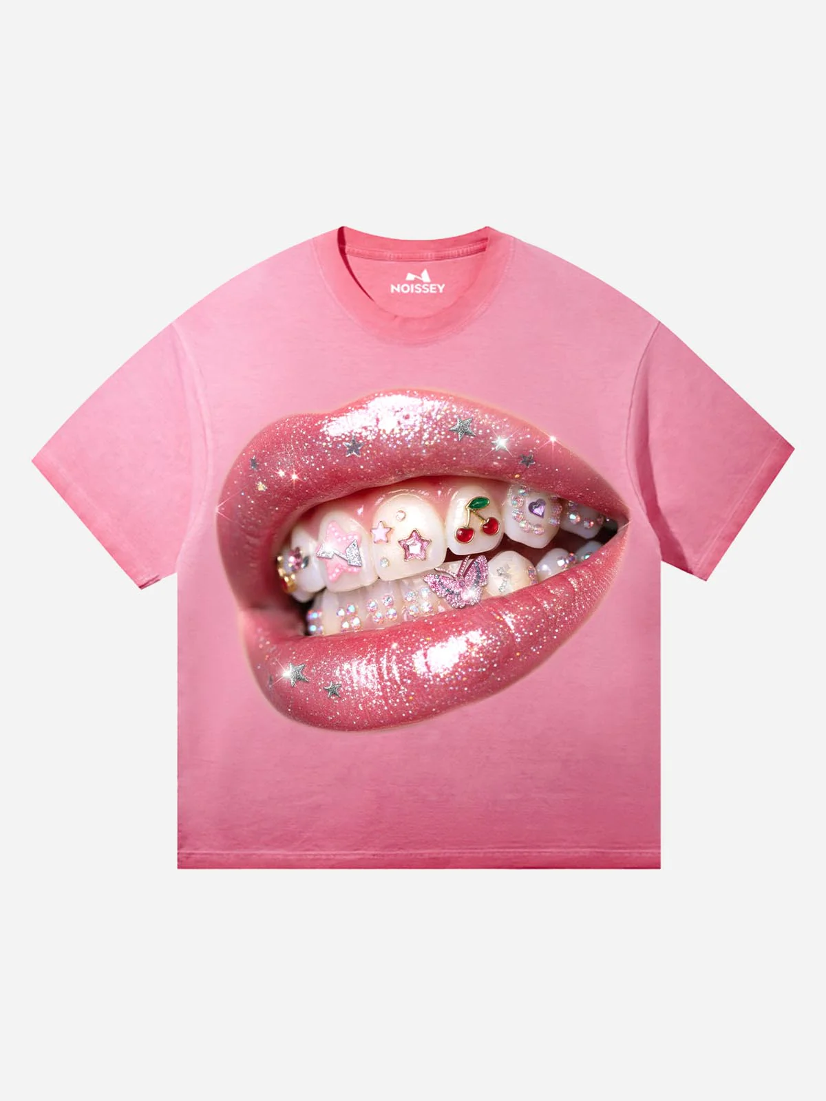 NOISSEY "Pink Gloss & Grills" Graphic Tee - Y2K Aesthetic Rhinestone Wash T-Shirt