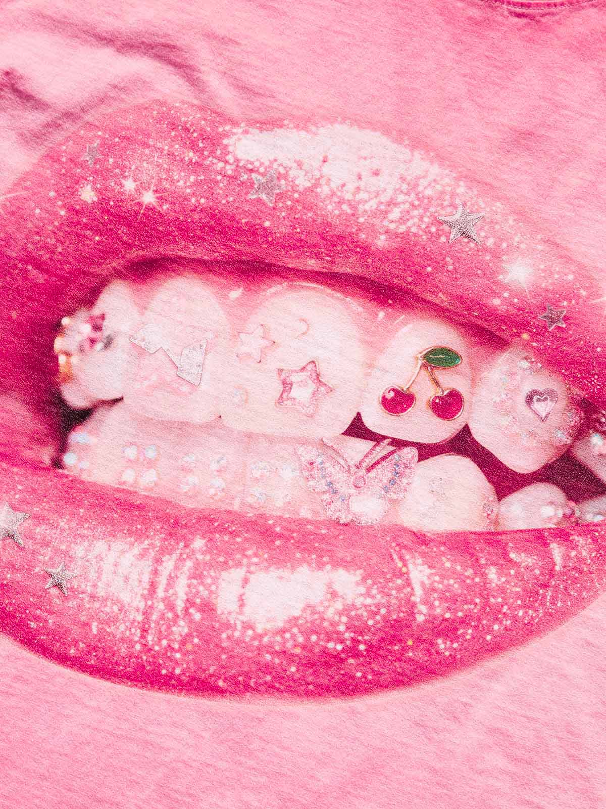 NOISSEY "Pink Gloss & Grills" Graphic Tee - Y2K Aesthetic Rhinestone Wash T-Shirt - Image 4