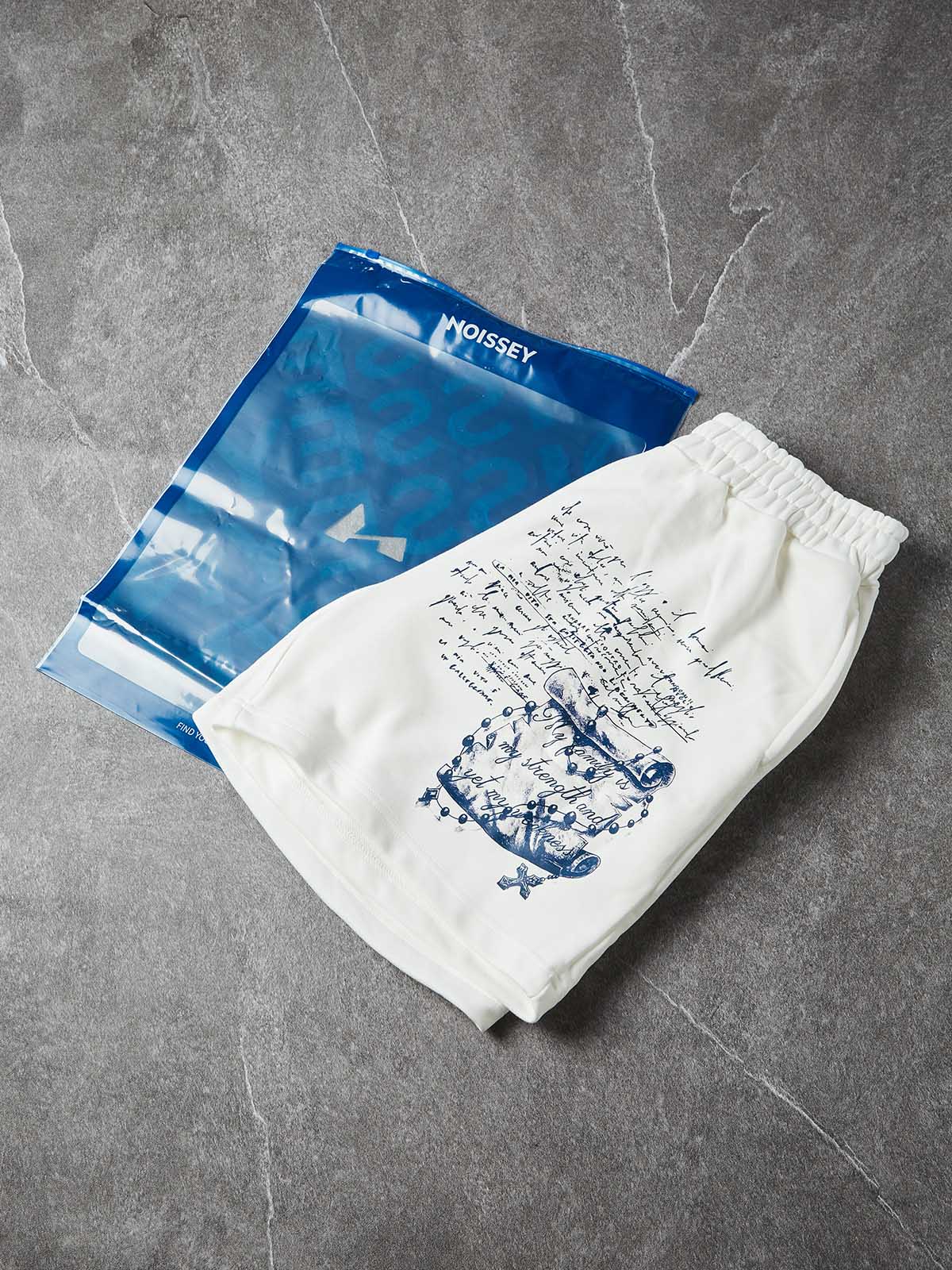 NOISSEY Praying Angel Blue Artwork Relaxed Sweat Shorts - Arctic White - Image 7