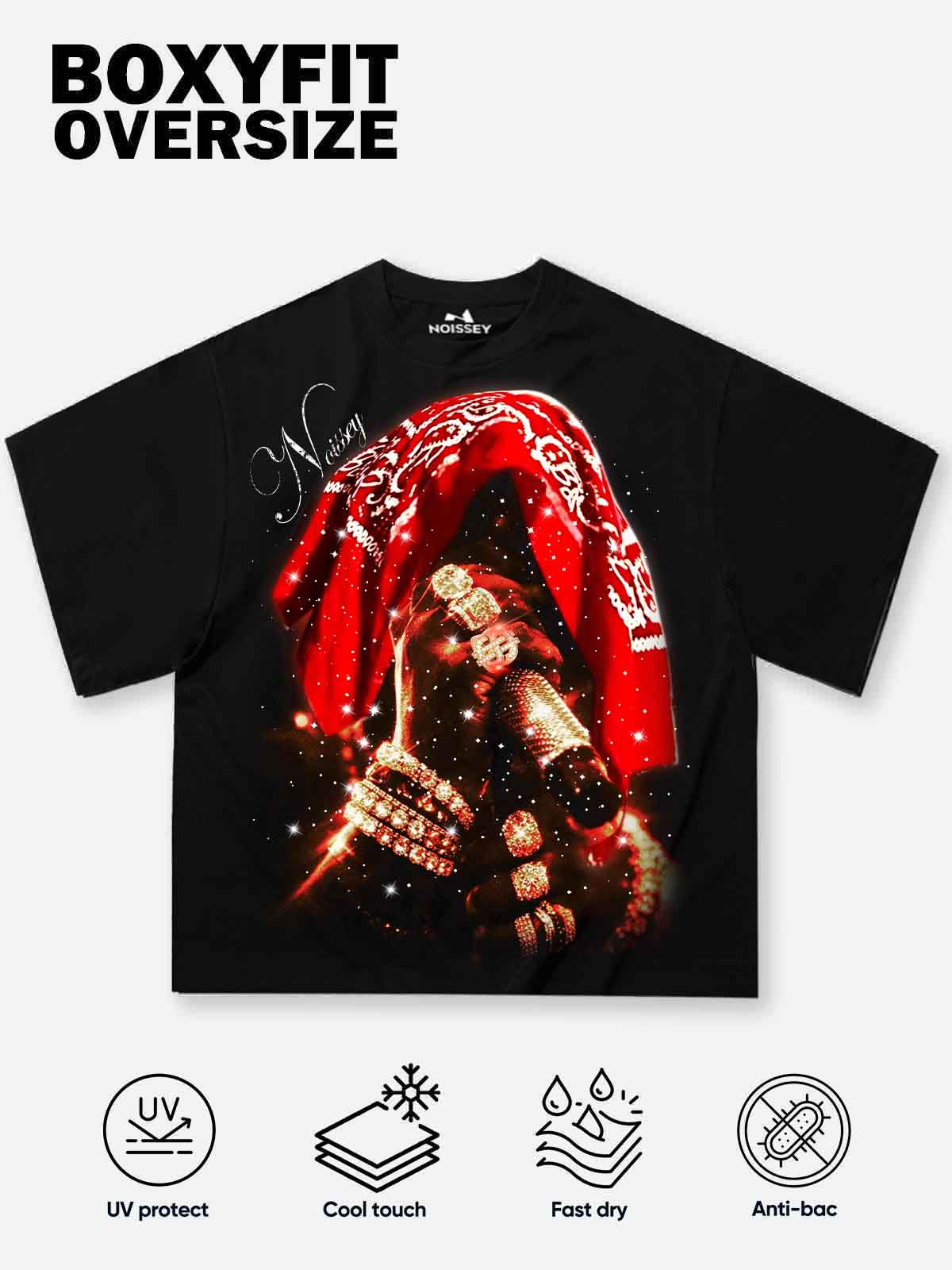 NOISSEY "Crimson Legacy" Oversized Tee | Red Bandana & Iced-Out Gold Art with "Star-Dust" Glitter - Image 2