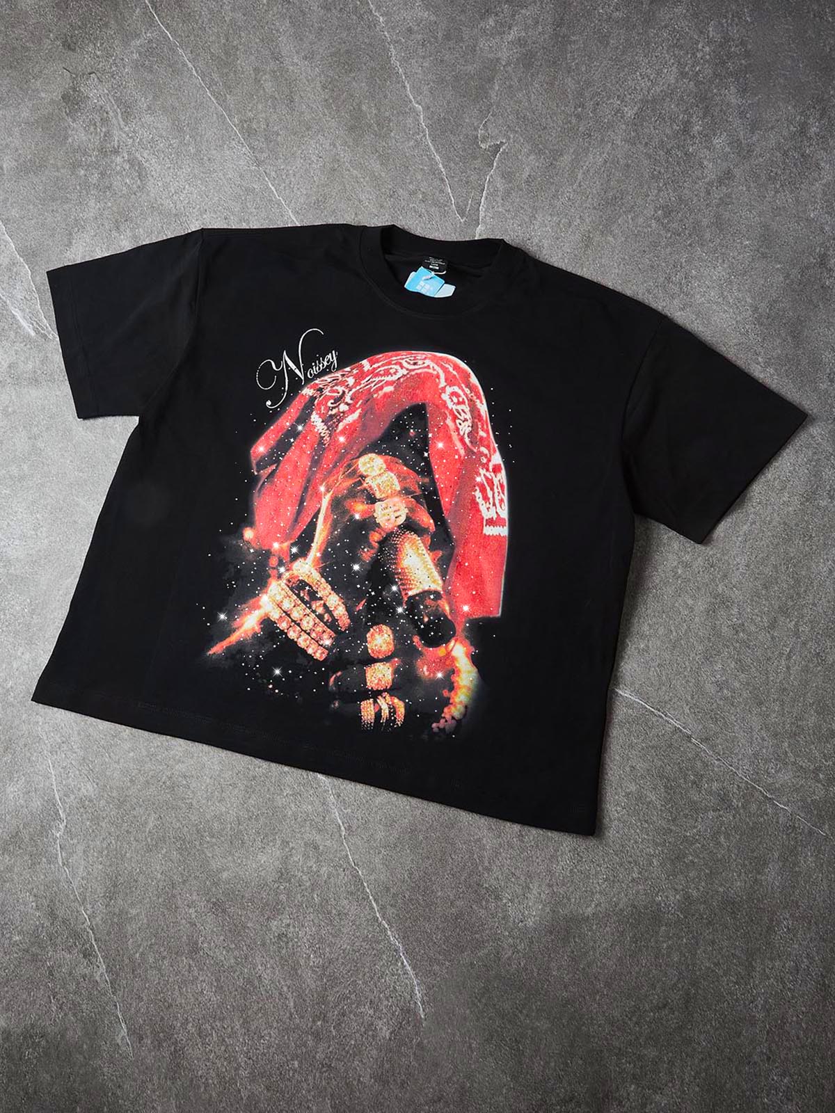 NOISSEY "Crimson Legacy" Oversized Tee | Red Bandana & Iced-Out Gold Art with "Star-Dust" Glitter - Image 4