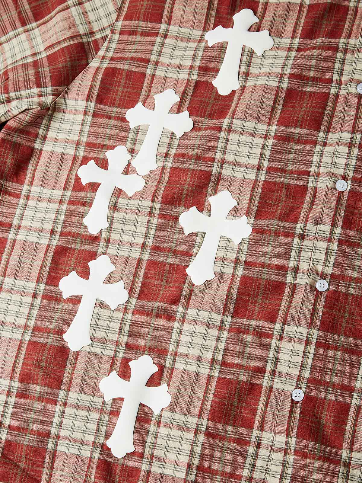 NOISSEY RETRO PLAID EMBOSSED WHITE CROSS GRAPHIC SHORT PLAID SHIRT - Image 4