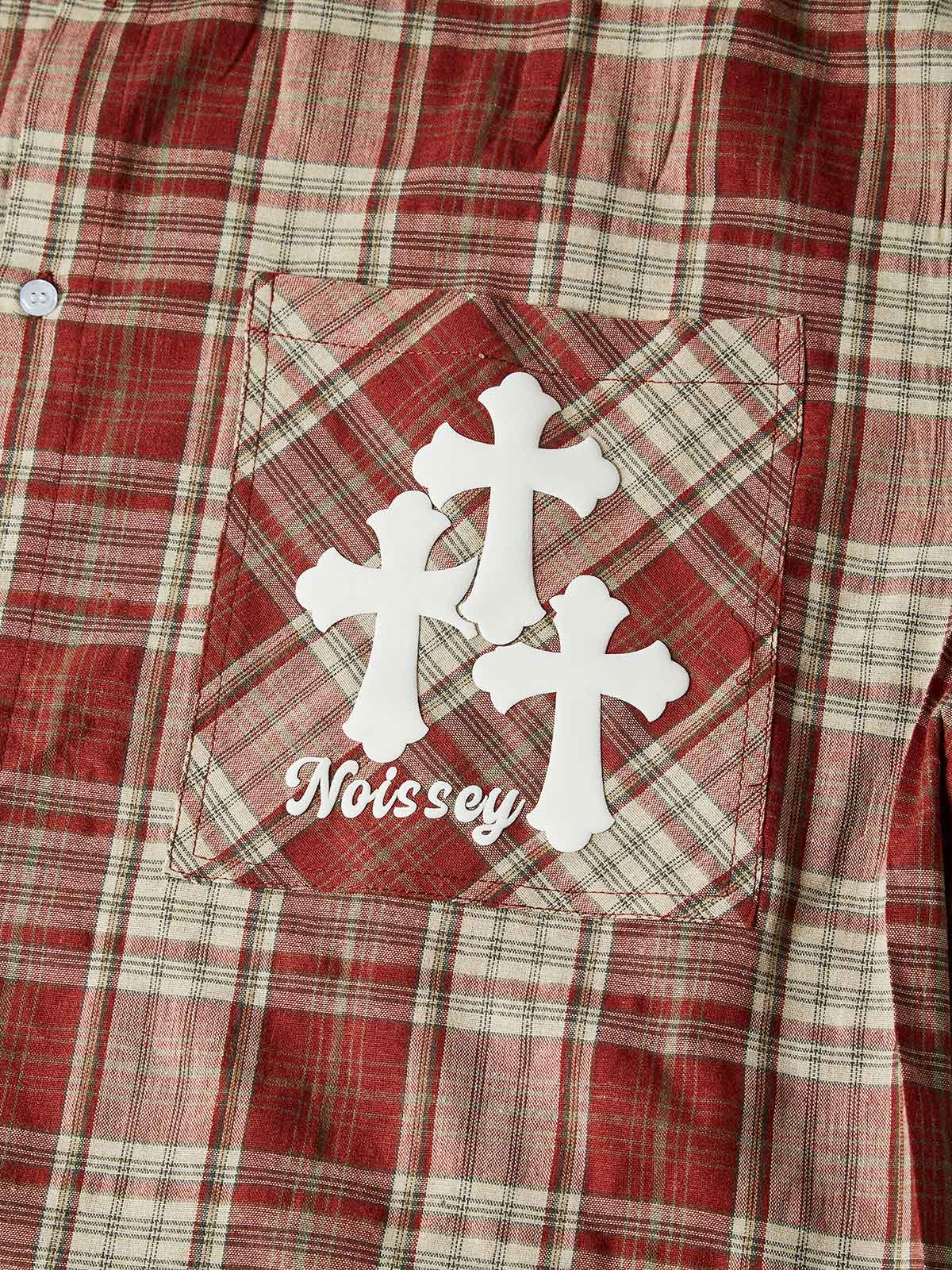NOISSEY RETRO PLAID EMBOSSED WHITE CROSS GRAPHIC SHORT PLAID SHIRT - Image 5