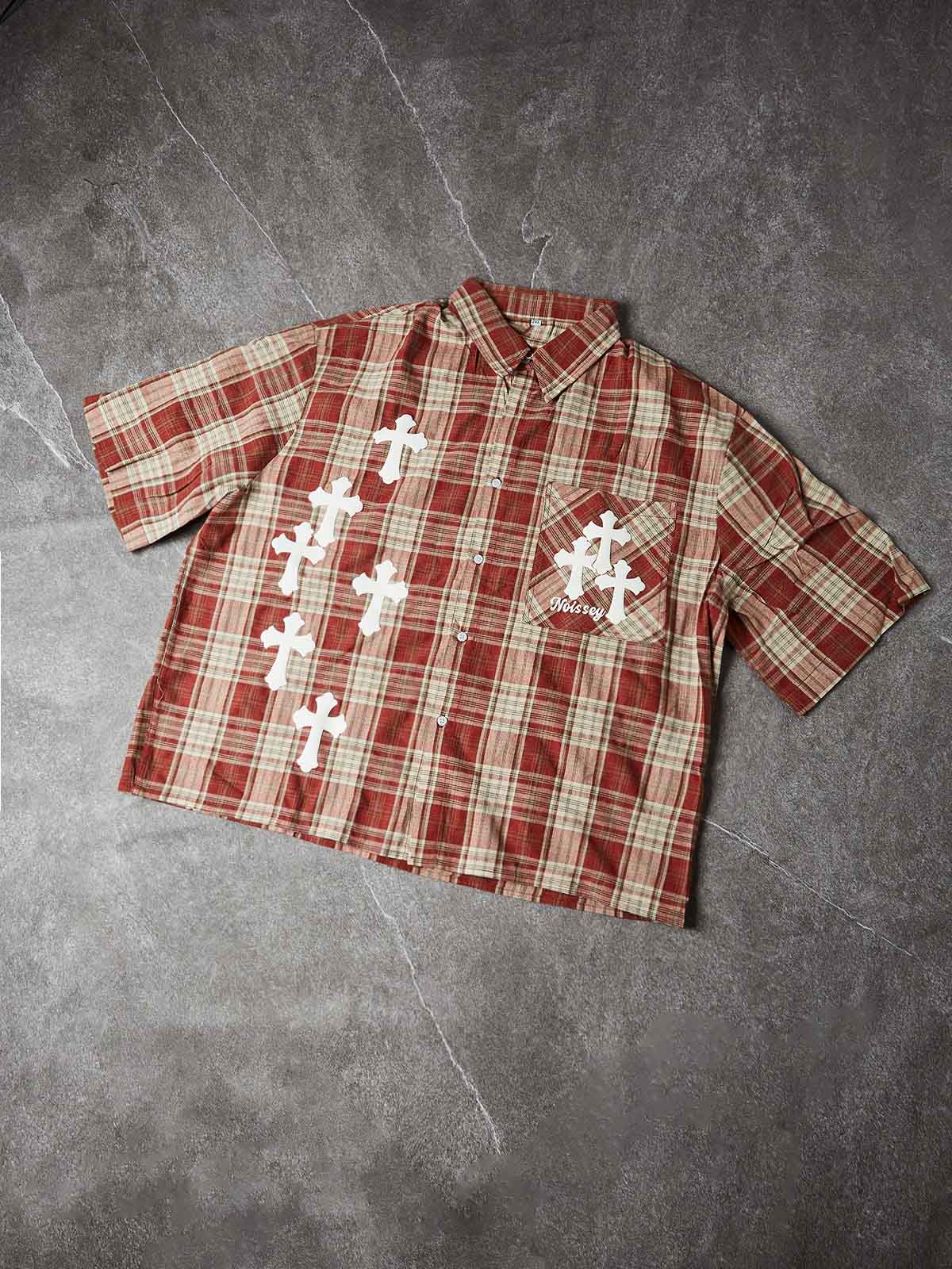 NOISSEY RETRO PLAID EMBOSSED WHITE CROSS GRAPHIC SHORT PLAID SHIRT - Image 7