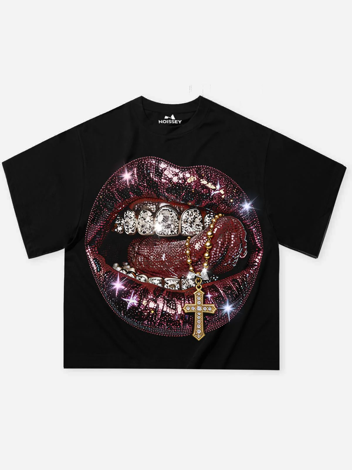 NOISSEY Rhinestone Lips Cross Boxy Heavyweight Art Tee - Onyx Black
