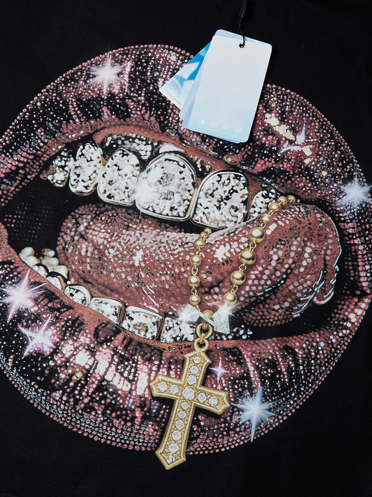 NOISSEY Rhinestone Lips Cross Boxy Heavyweight Art Tee - Onyx Black - Image 3
