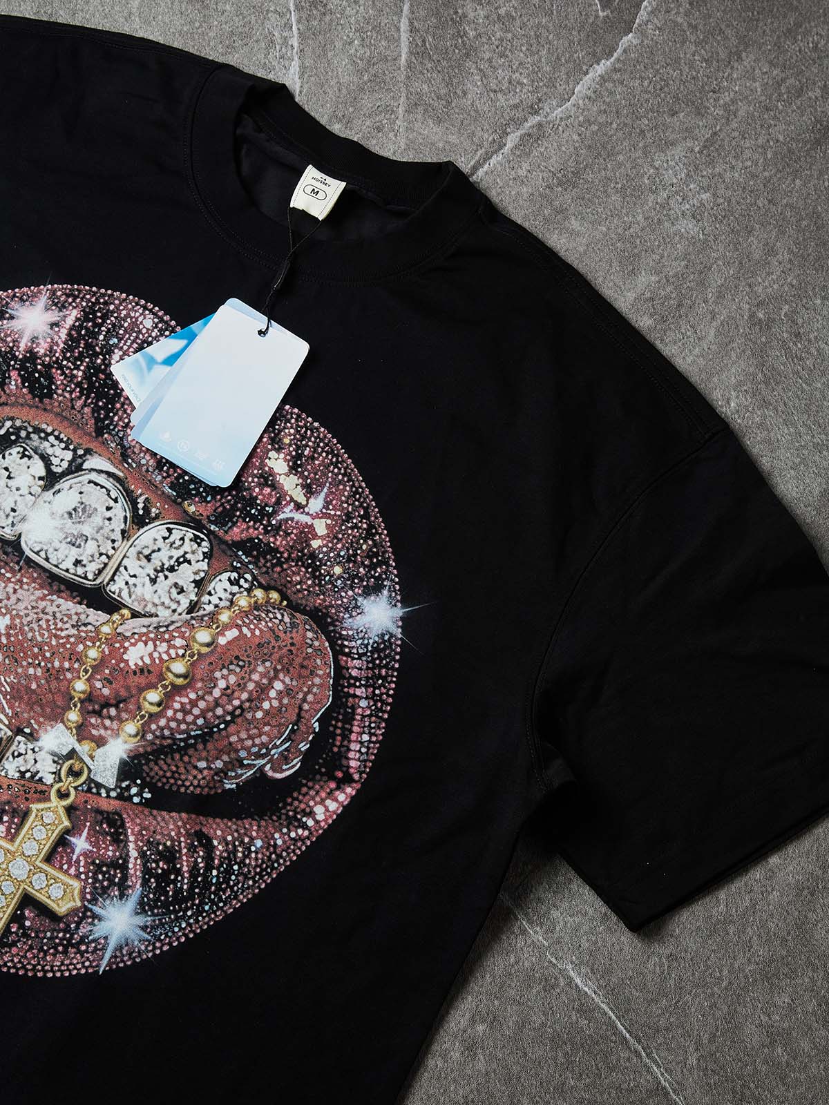 NOISSEY Rhinestone Lips Cross Boxy Heavyweight Art Tee - Onyx Black - Image 6