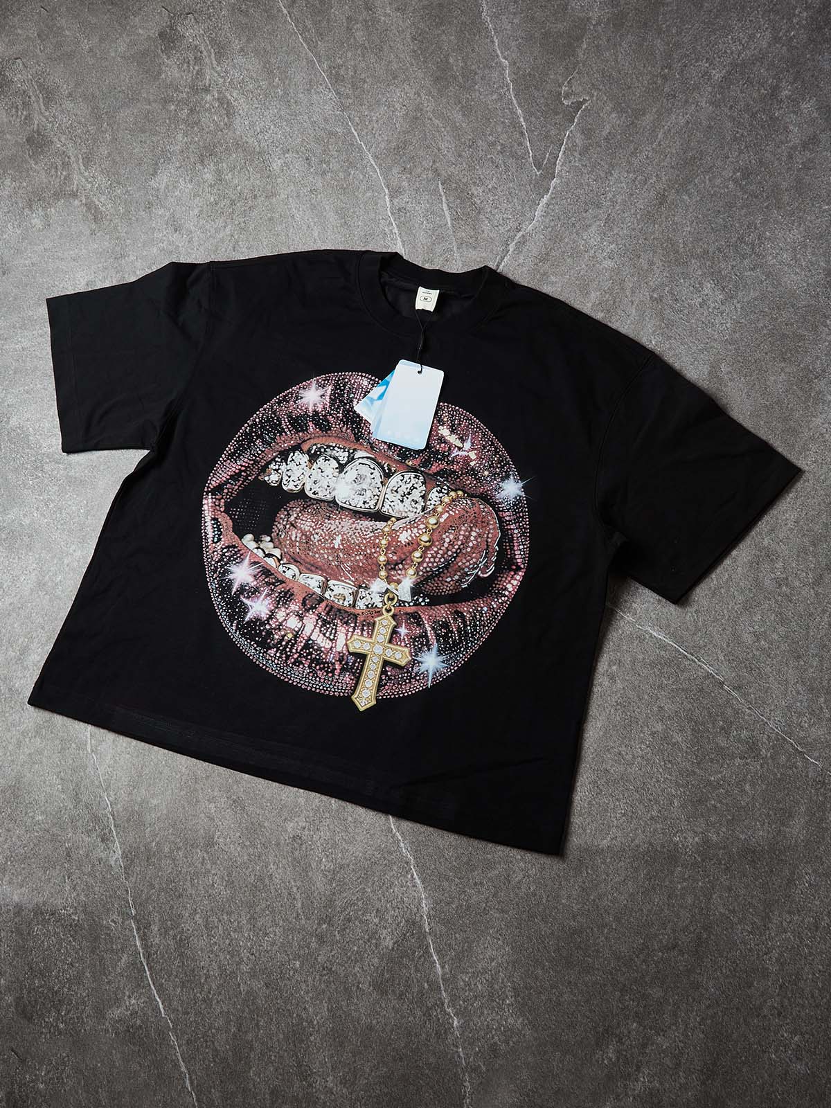 NOISSEY Rhinestone Lips Cross Boxy Heavyweight Art Tee - Onyx Black - Image 8
