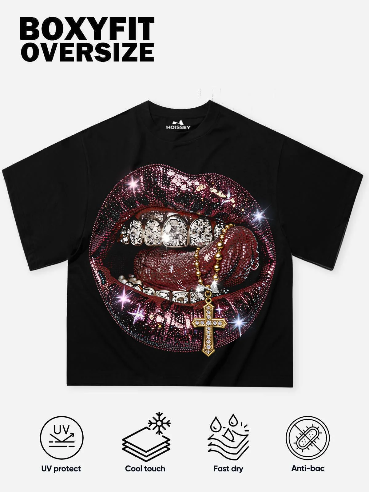 NOISSEY Rhinestone Lips Cross Boxy Heavyweight Art Tee - Onyx Black - Image 9