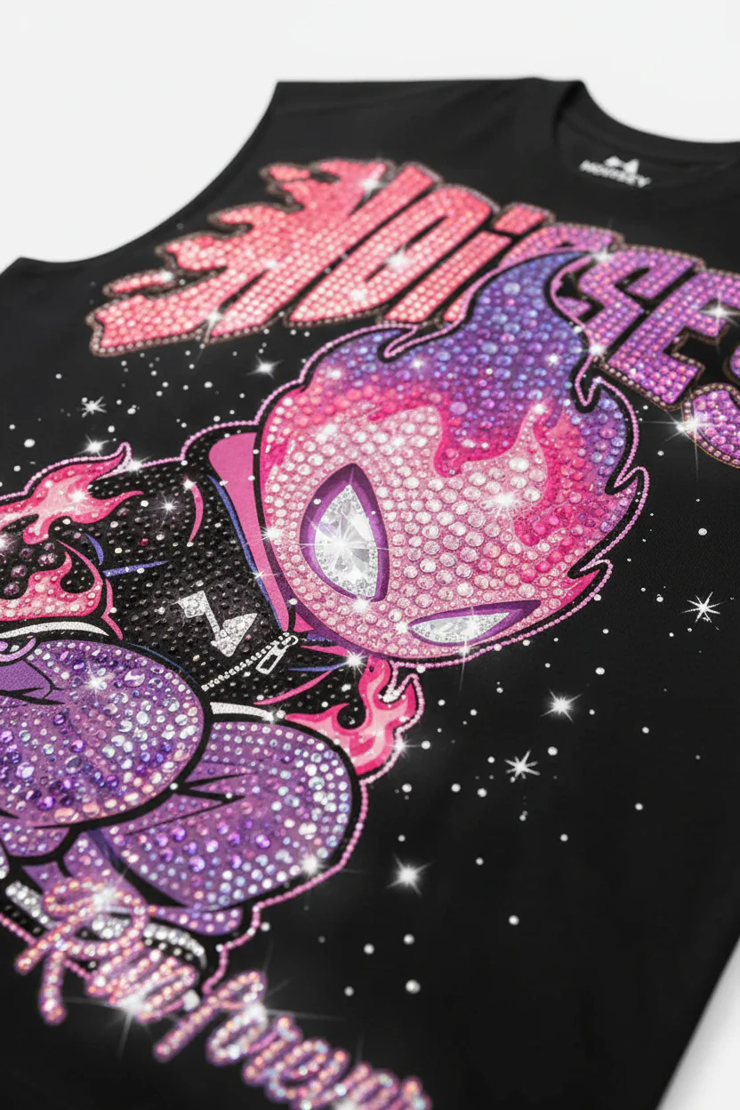 NOISSEY Run Forever Full-Rhinestone Flame Character Tank Top - Phantom Black - Image 3