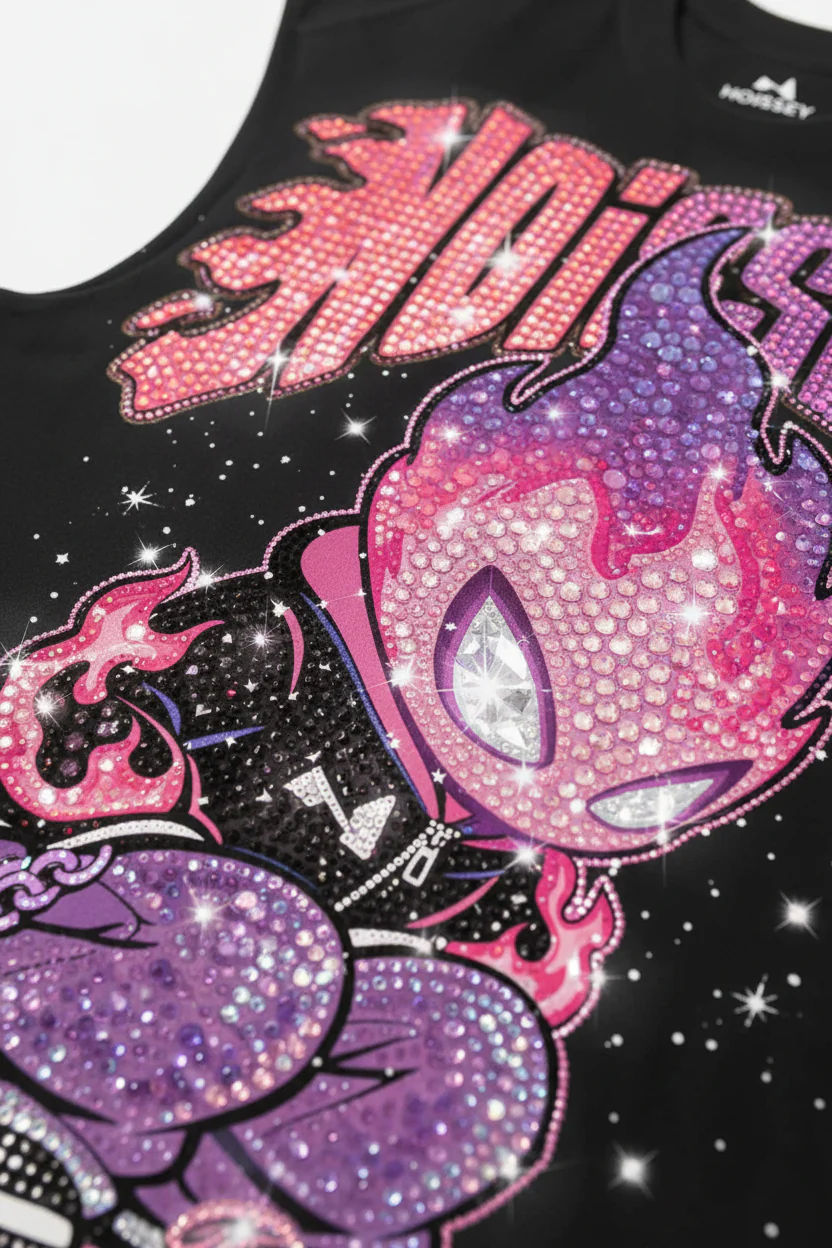 NOISSEY Run Forever Full-Rhinestone Flame Character Tank Top - Phantom Black - Image 7