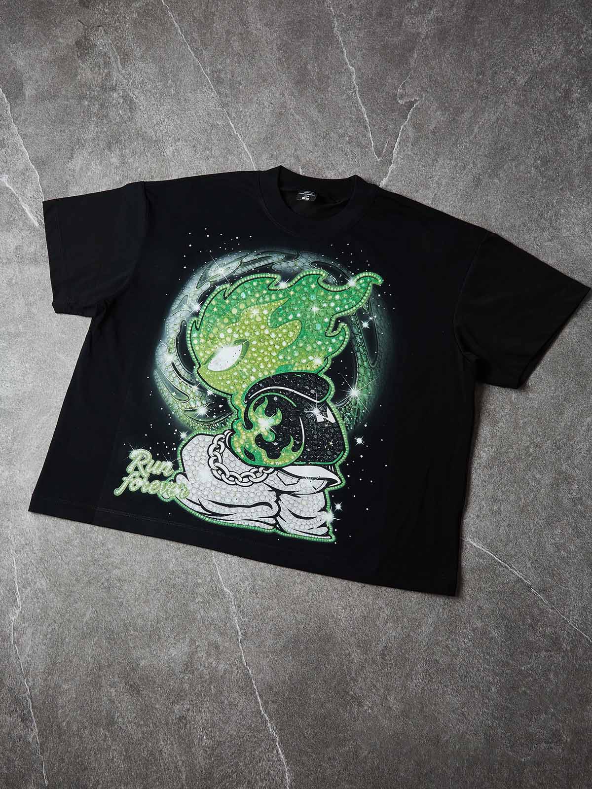 NOISSEY "Run Forever" Green Flame Crystal Figure Boxy Heavyweight Tee - Onyx Black - Image 5