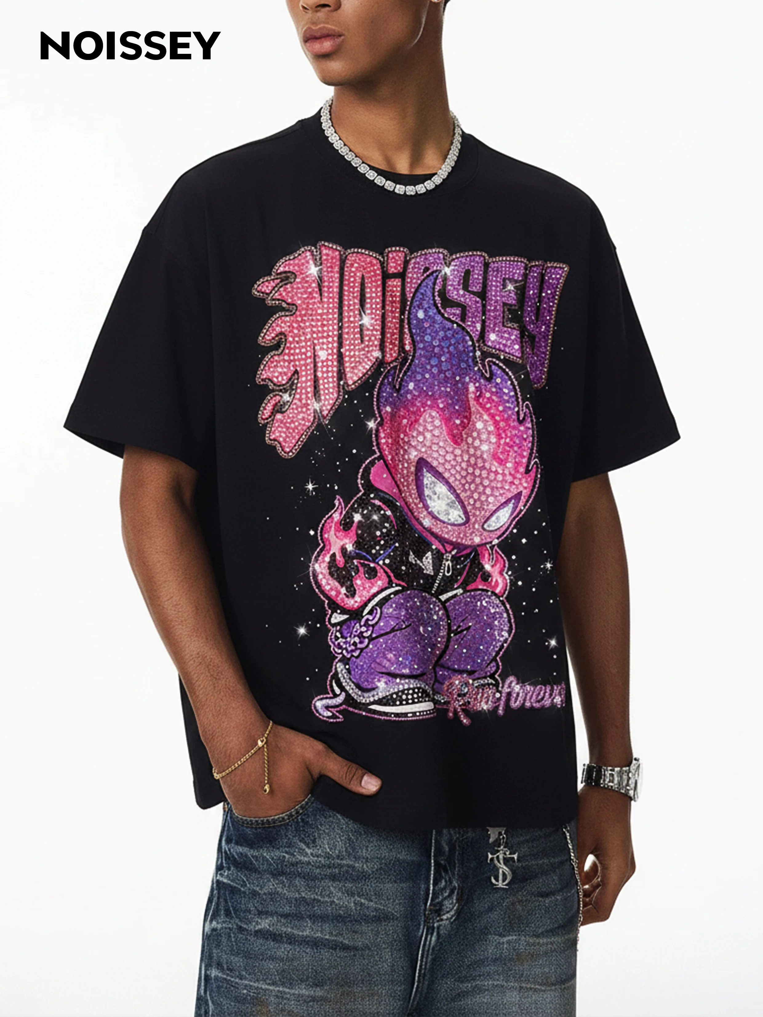 NOISSEY "Run Forever" Fire Kid Boxy Diamond Heavyweight Tee - Pink & Purple - Image 3