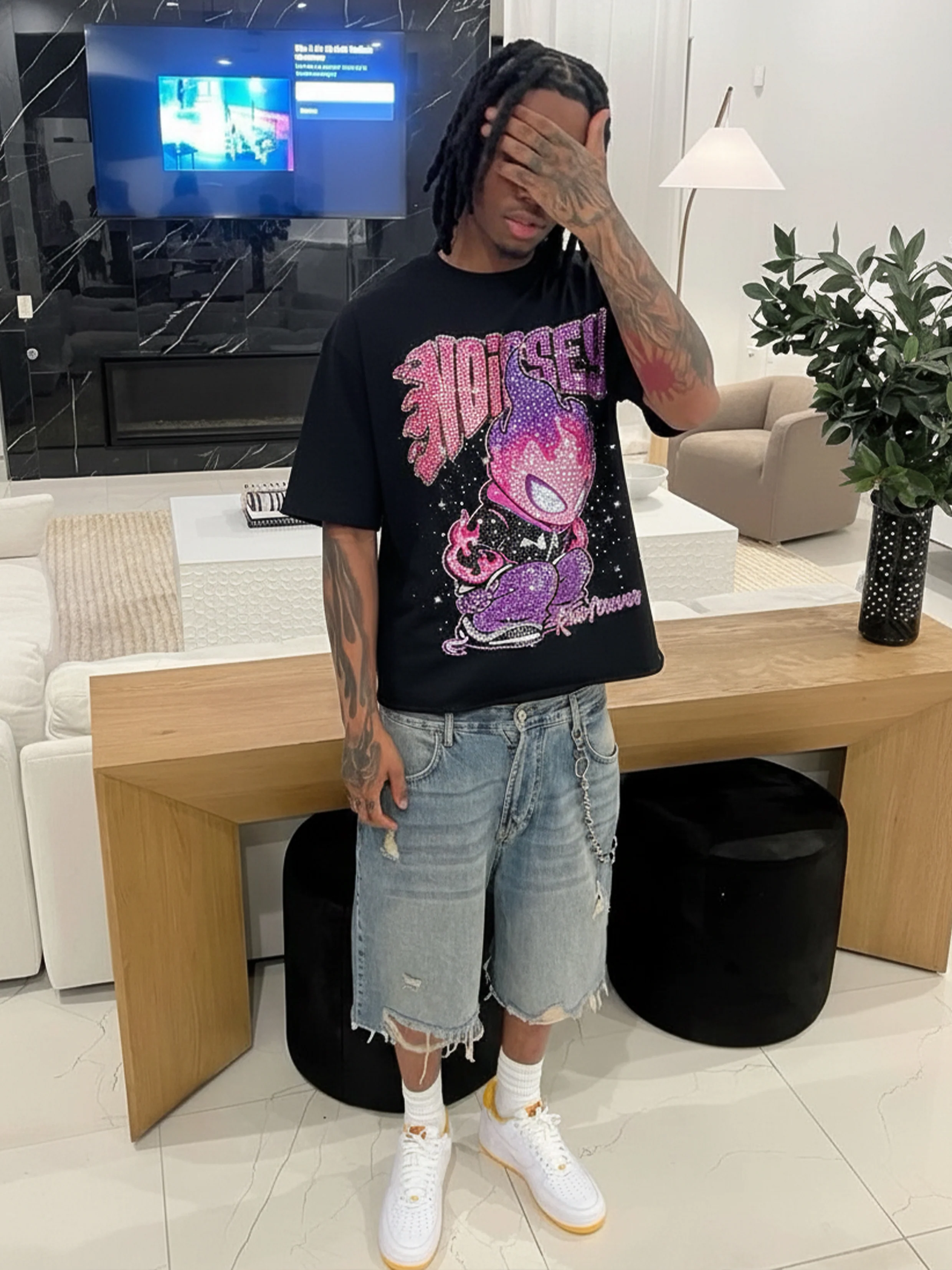 NOISSEY "Run Forever" Fire Kid Boxy Diamond Heavyweight Tee - Pink & Purple - Image 4