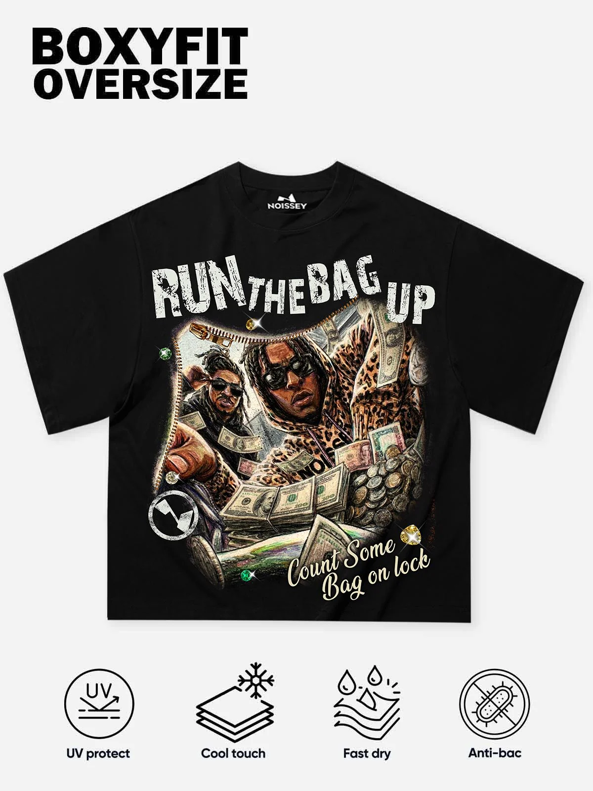 NOISSEY "RUN THE BAG UP" MONEY STACK ART PRINT OVERSIZED Boxy T-SHIRT - Image 2