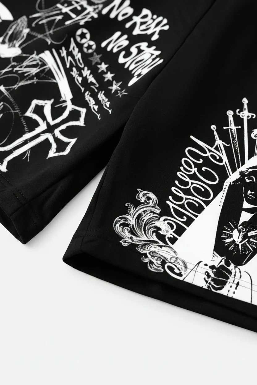 NOISSEY "SACRED RISK" RELIGIOUS GRAFFITI OVERSIZED SWEAT SHORTS - Image 5
