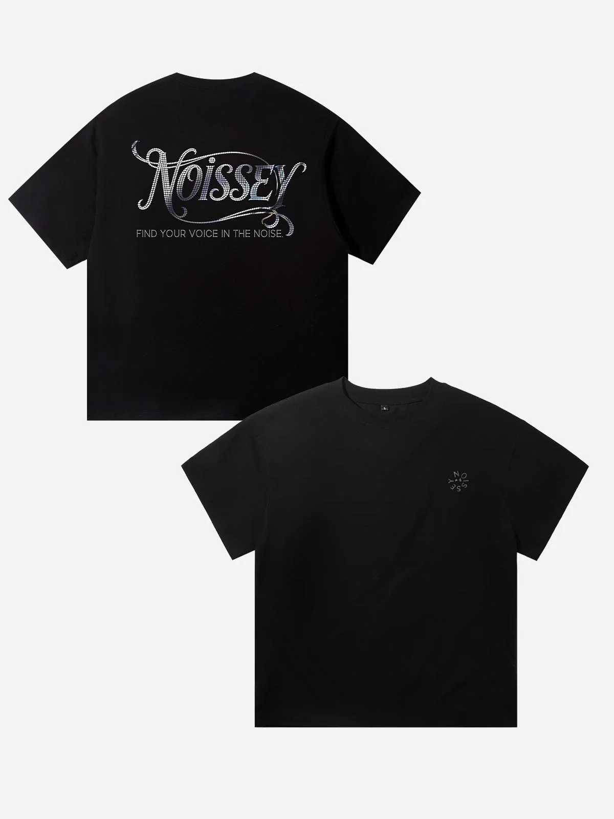 NOISSEY SHIMMER LOGO - SILVER CURSIVE SLOGAN TEE
