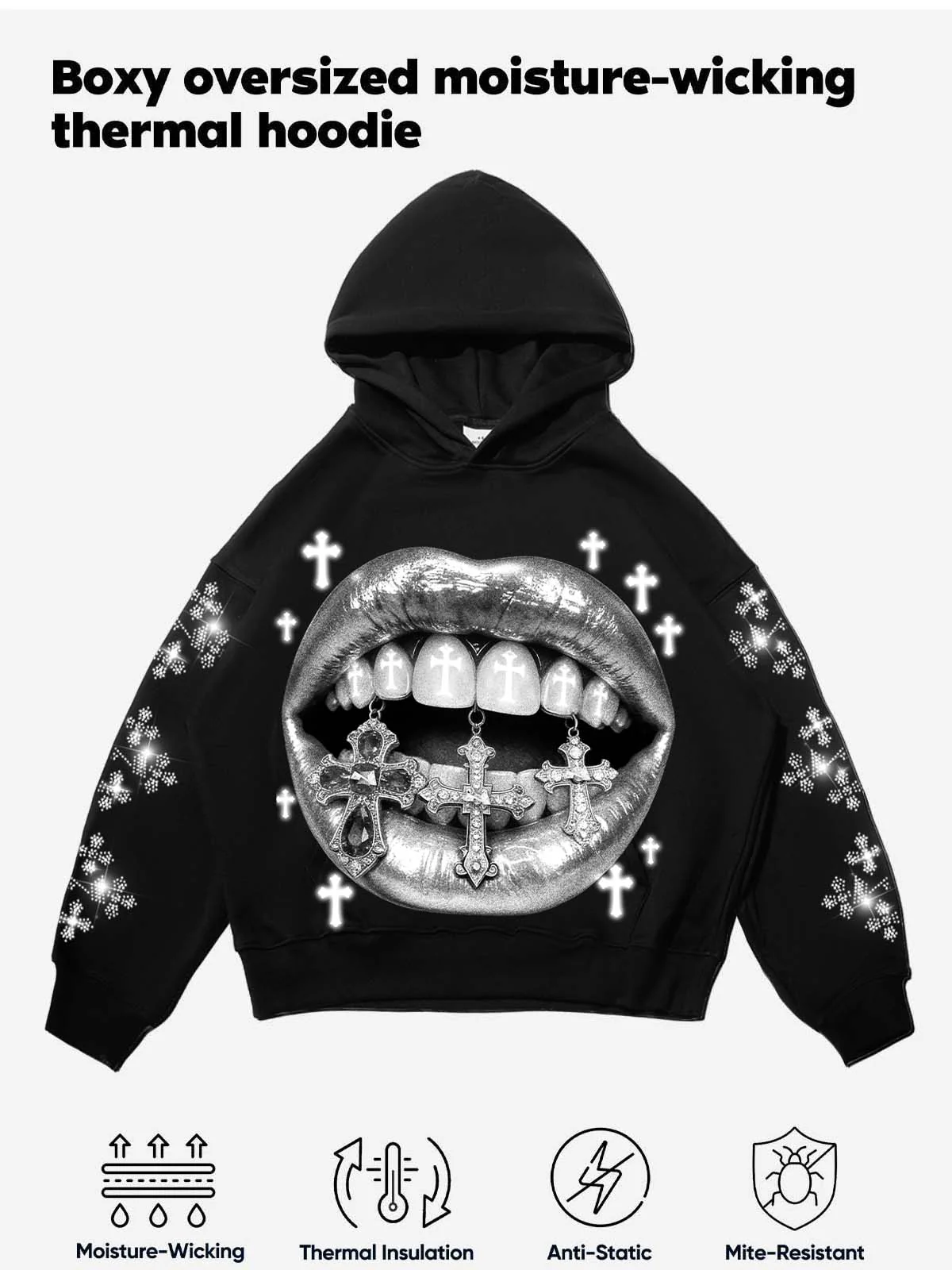 NOISSEY "Silver Sanctuary" Iced-Out Cross Graphic Hoodie - Midnight Black - Image 3