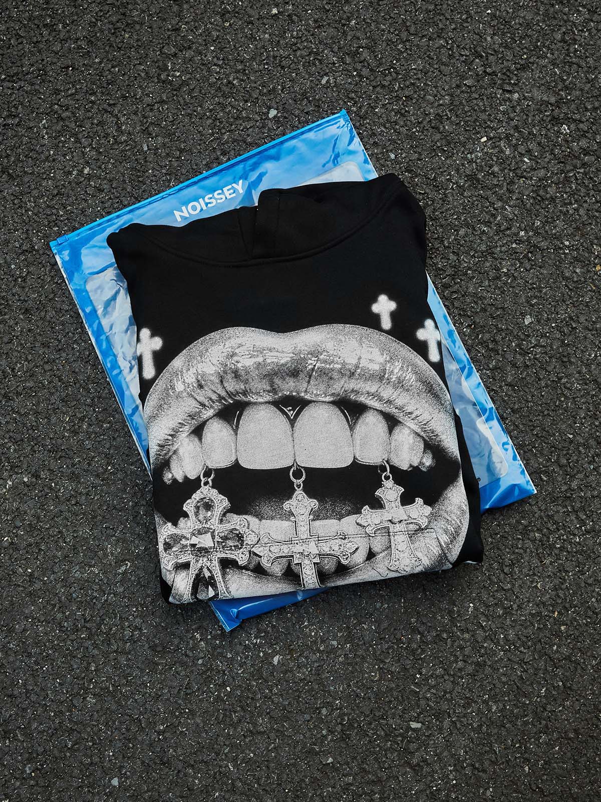 NOISSEY "Silver Sanctuary" Iced-Out Cross Graphic Hoodie - Midnight Black - Image 9