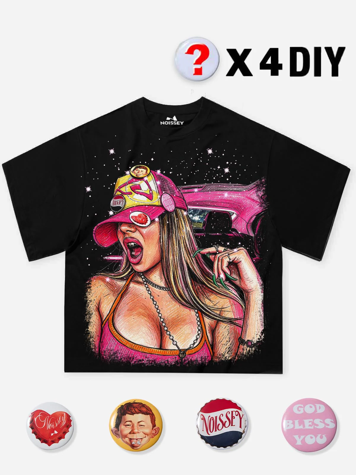 NOISSEY Starlit Girl American Illustration DIY Art Print T-Shirt - Onyx Black