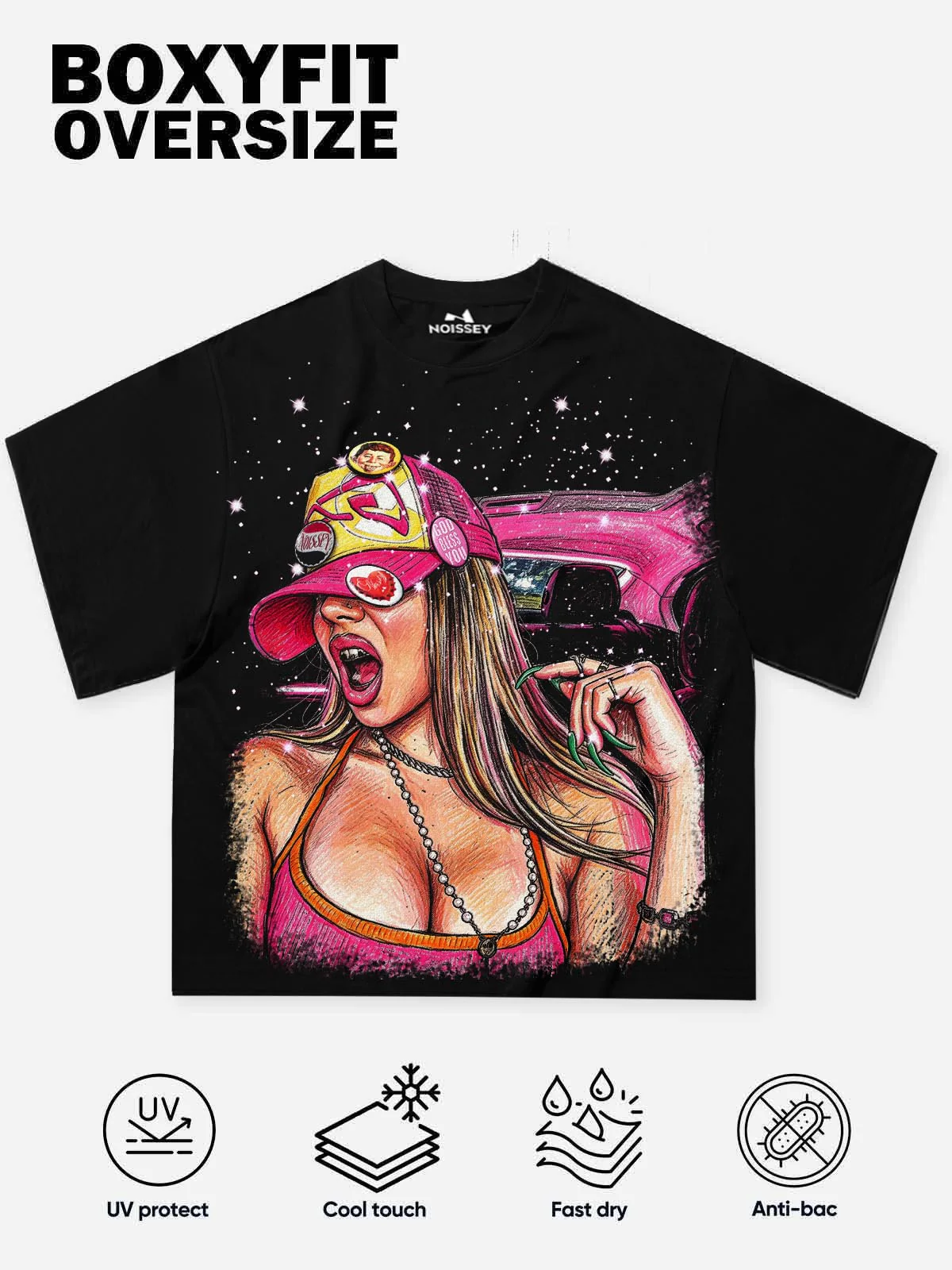 NOISSEY Starlit Girl American Illustration DIY Art Print T-Shirt - Onyx Black - Image 2