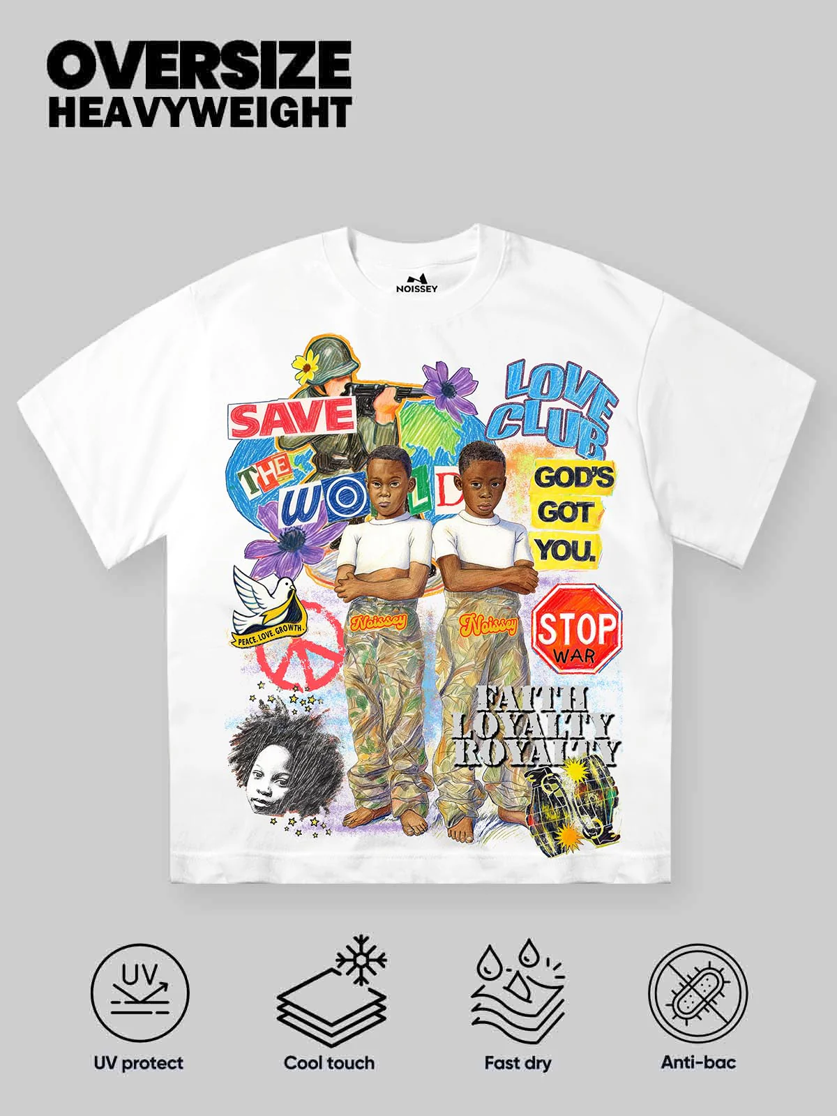 NOISSEY "Save The World" Peace Collage T-Shirt - Stop War & Faith Loyalty Graffiti Graphic Tee - Image 2