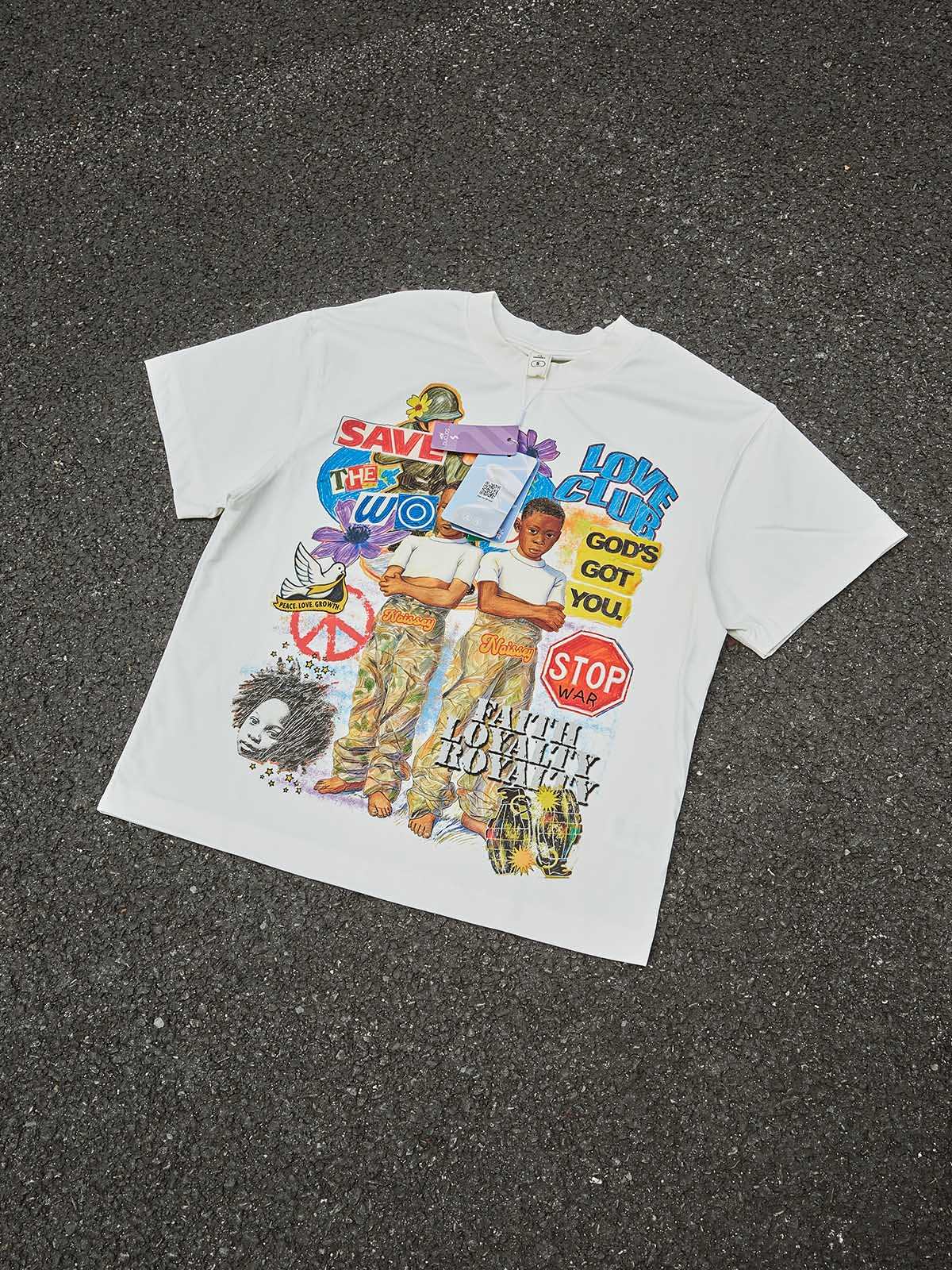 NOISSEY "Save The World" Peace Collage T-Shirt - Stop War & Faith Loyalty Graffiti Graphic Tee - Image 6